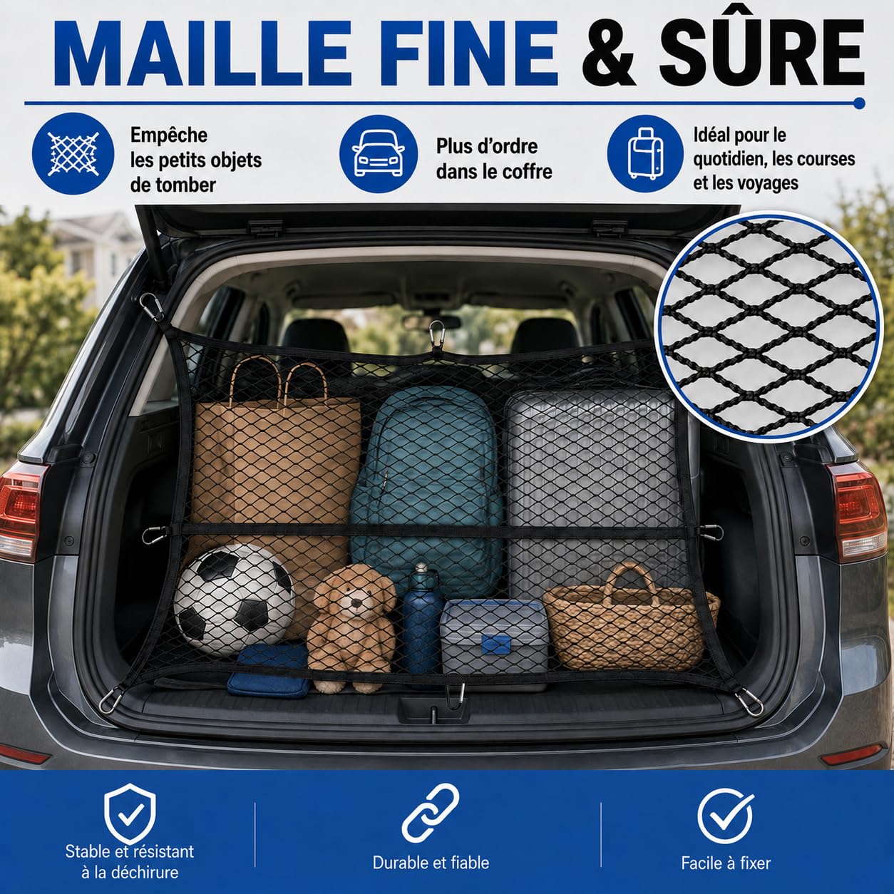 Filet de Chargement pour Pick-up et SUV, Noir, Double Couche avec 8 mousquetons métalliques, pour Quad, remorque et Bateau, 120 × 120 cm, Extensible Jusqu’à 210 × 210 cm