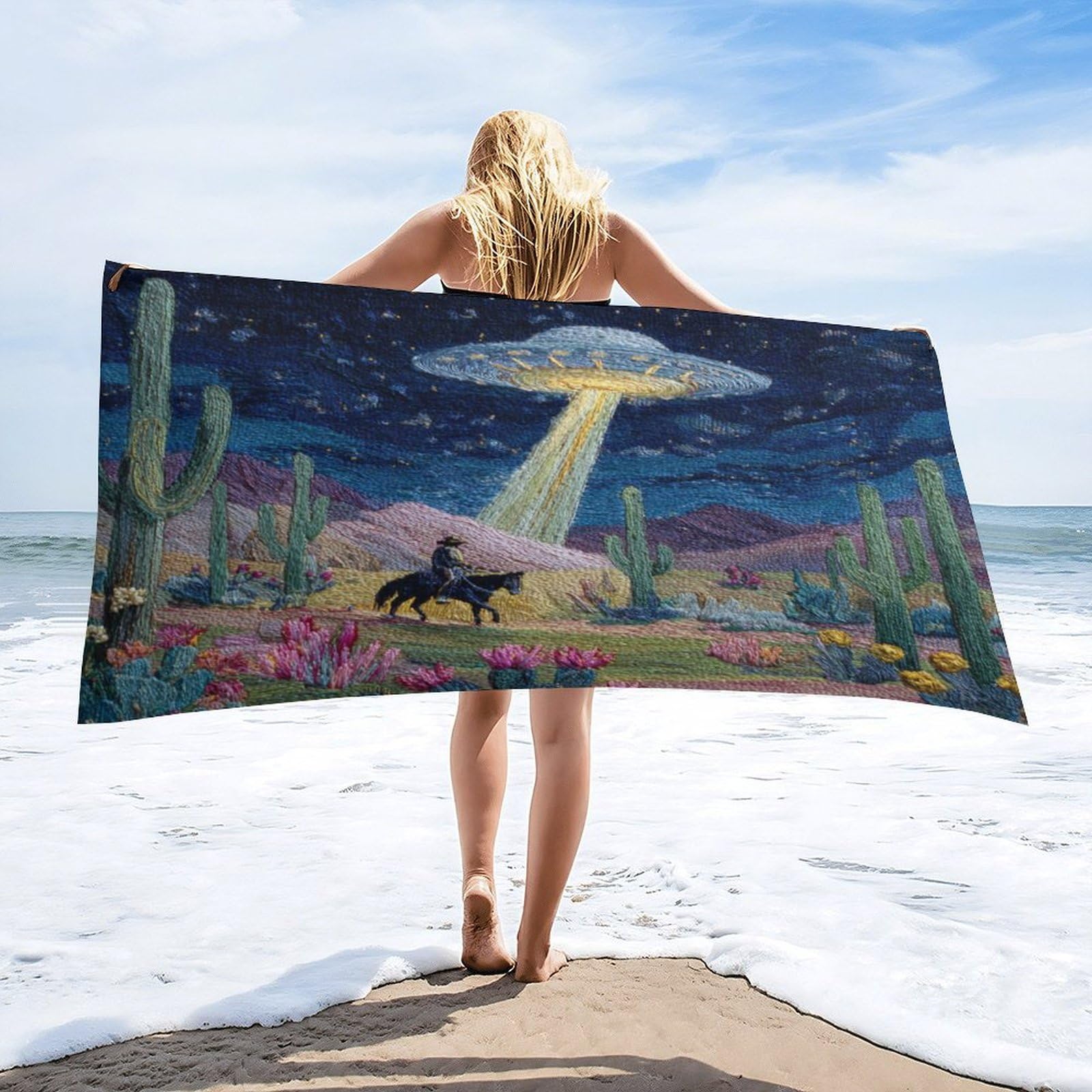 Luyysky Colorful Western Ufo Cowboy Quick-Drying Beach Towel, Rustic Beautiful Plant Cactus Flowers Animal Horse Travel Vacation Single Sided Pile Bathroom Towels-80 W Cm X 160" L Cm