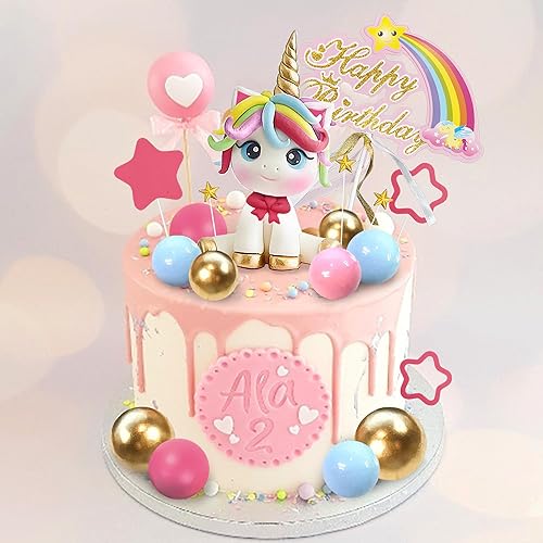 Miniatura 4 de 29 adornos para tartas de unicornio, decoración de pastel de arcoíris con estrellas arco iris, bolas de unicornio, decoraciones de pastel de feliz