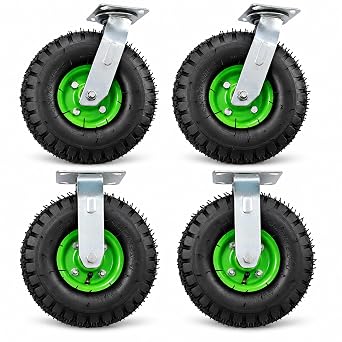 10" Pneumatic Caster Wheels Set of 4   Heavy Duty Casters for Carts, 275 lbs Load Capacity, 2 Swivel & 2 Rigid Casters, Plate Mount Rubber Air Tires for Freight Equipment, Furniture, Workbench Use