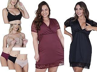 Kit maternidade 2 Camisola transpasse no busto e renda +2 sutiã amamentação +3 calcinha cós pós parto