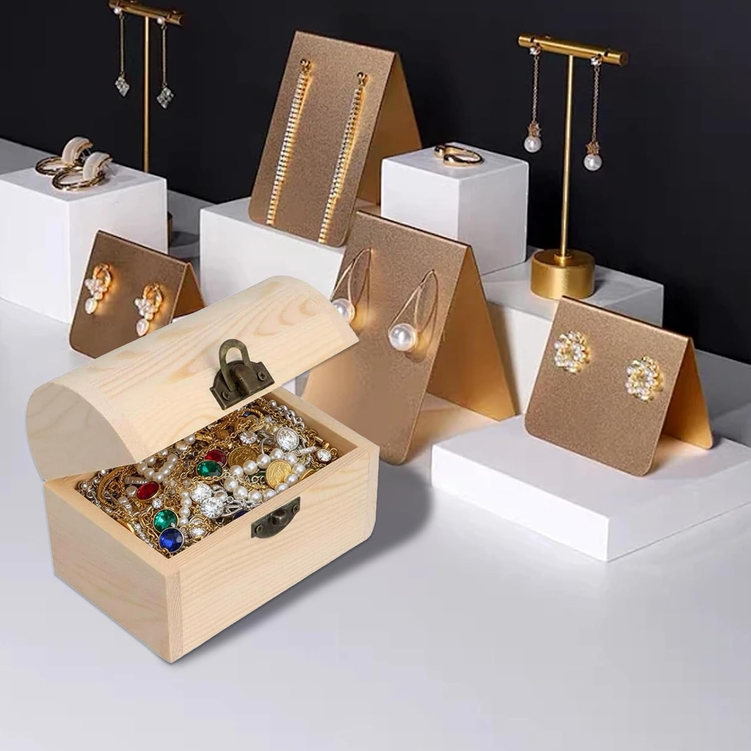 Wooden Chest Unfinished Wood Box Portable Unpainted Wooden Treasure Box Jewelry Display Case for Art Hobbies Party Favor DIY 6.3 * 4.8 * 4.5inch image 3