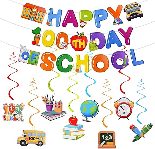 Miniatura 1 de Abitoncc Decoración colorida para fiesta de 100 días de escuela, cartel de celebración de 100 días de escuela, espirales colgantes para aula,