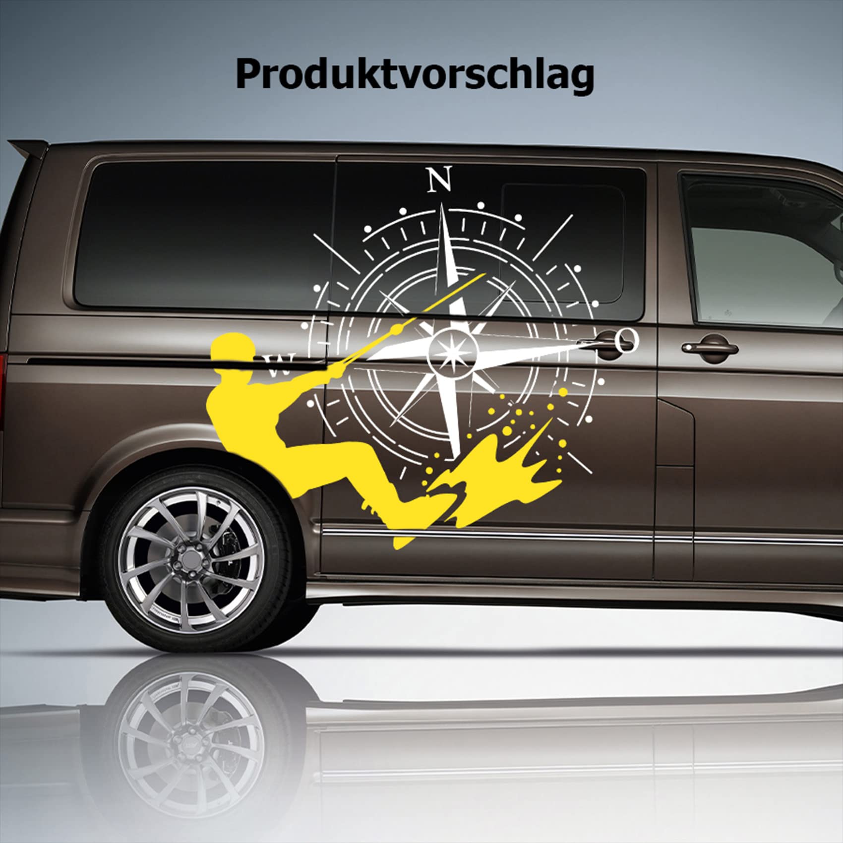 Autoaufkleber Kompass Sport Wakeboard 60x69cm Windrose Sticker Folie für Auto Wohnwagen Anhänger Aufkleber Selbstklebend Kfz Zubehör KX072 KX073 (Kompass schwarz, Wakeboard Gelb)