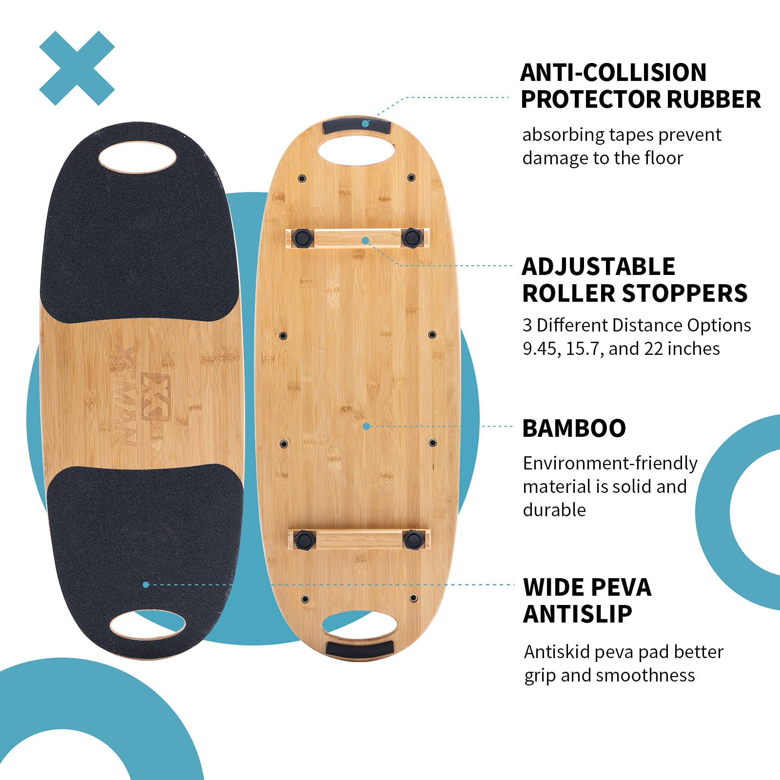 XCMAN Balance Board in Bambus mit verstellbaren Stoppern 3 Verschiedene Distanzmöglichkeiten Surf Balance Board für Surfen, Skifahren, Snowboarden, Skateboardtraining