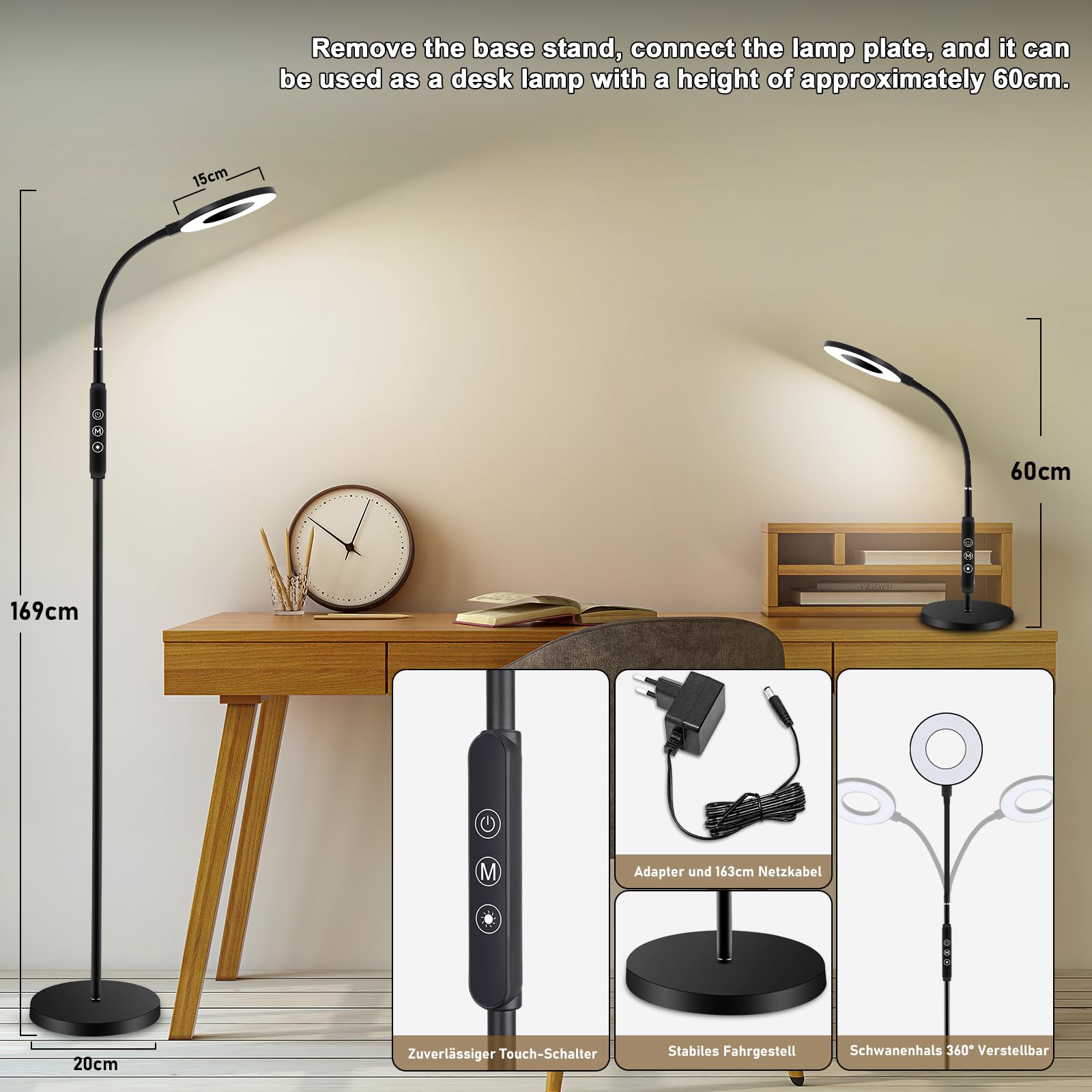 Oraymin LED Stehlampe Wohnzimmer 12W, LED Leselampe Bett mit Fernbedienung, 1H Timer & Memory Funktion, Schwanenhals 360° Verstellbar Stehlampe mit 3 Farbtemperatur, Stehlampen für Schlafzimmer Büro