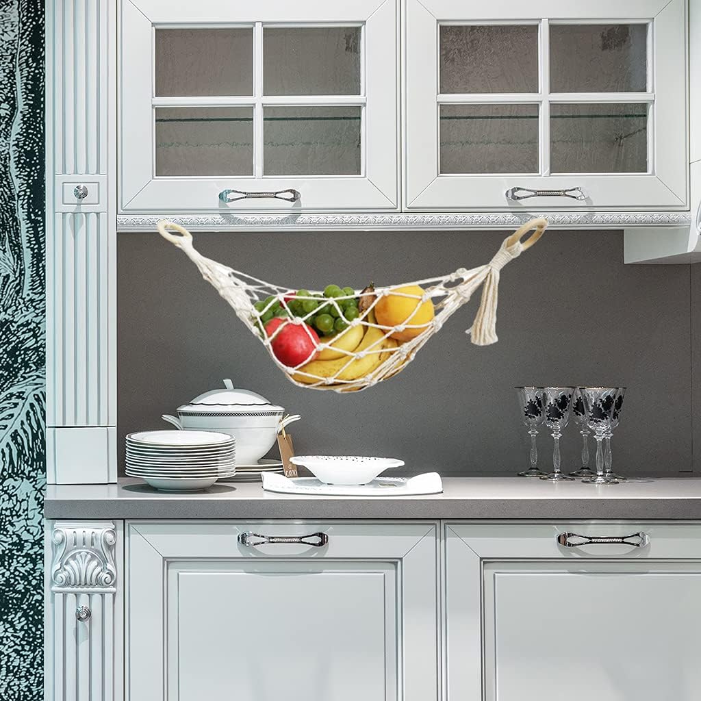 Fruit Hammock Hanging Fruit Basket for Kitchen Under Cabinet Kitchen Decor Macrame Boho Modern Vegetable Basket, No hook