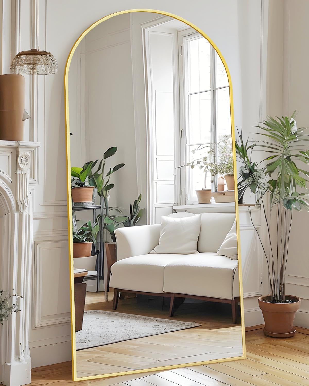 Antok Miroir Pleine Longueur, sur Pied, 180 x 76 cm, avec Cadre en Alliage d'aluminium et Verre incassable, Miroir de Sol bombé pour Salon, Dressing, doré