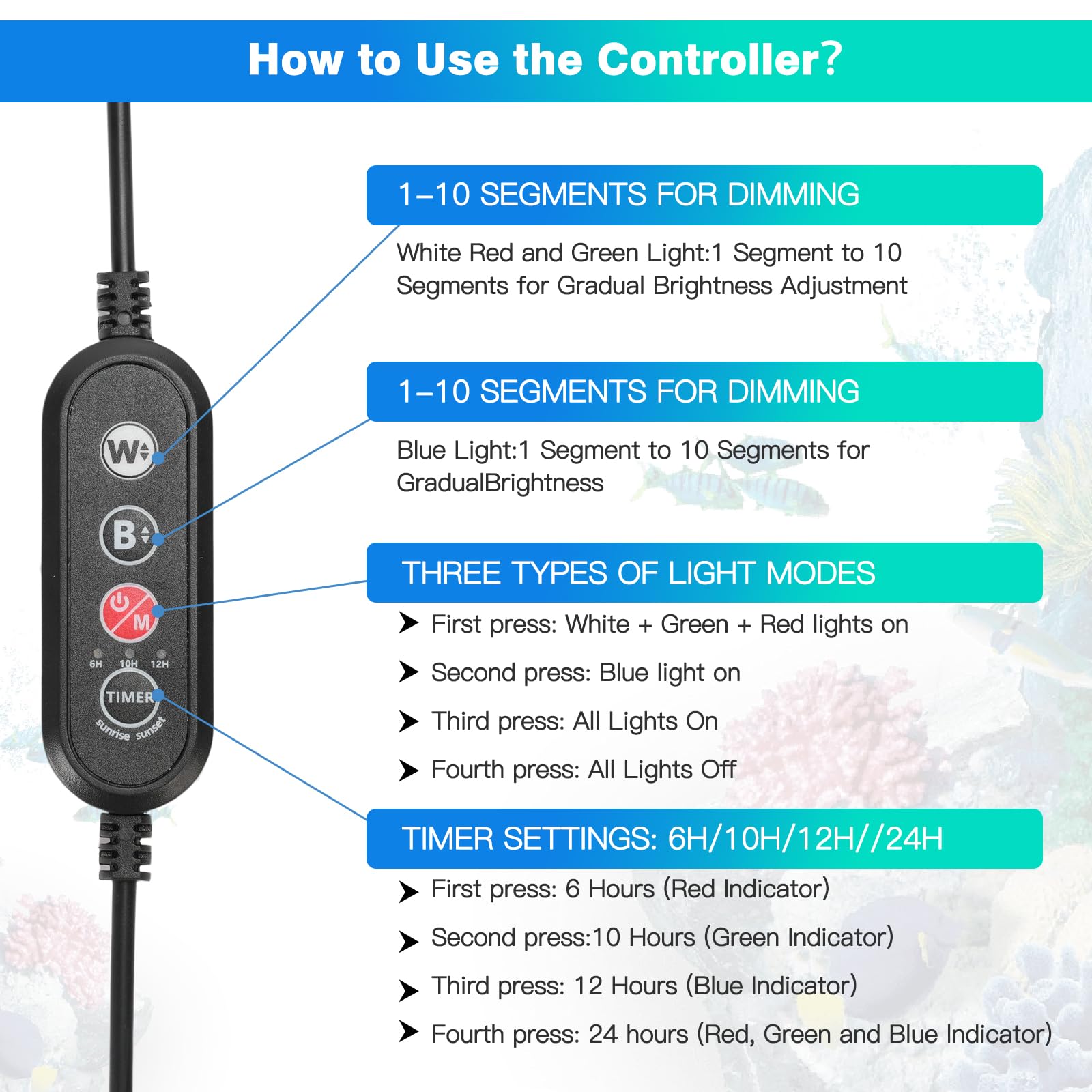 DEWEL lampada acquario,11 W Luce LED per Acquario a Spettro Completo,Dimmerabile e Staffa Regolabile,timer regolabile,LED plafoniera,3 modalità per Acquario da 45-60cm