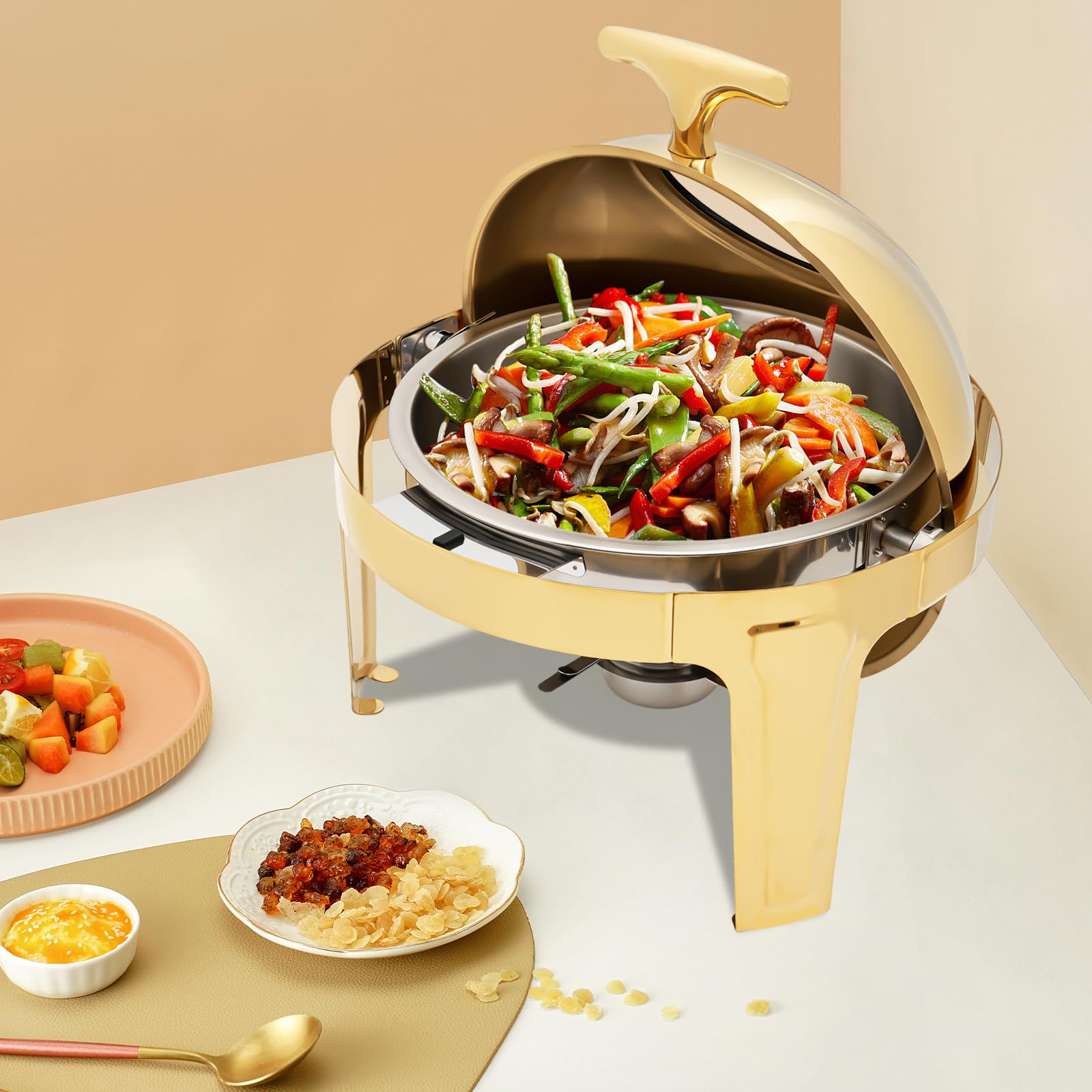 Chafing Dishes Set per buffet con top arrotolabile, oro, scaldavivande rotonde, in acciaio inox, set da buffet, coperchio a vista, per catering, eventi, feste, matrimoni