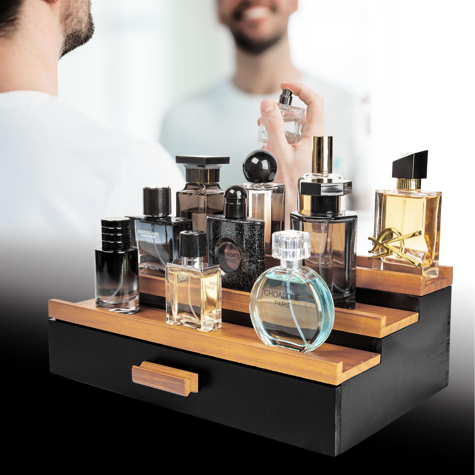 Organizer In Legno Per Colonia Da Uomo - 5 Ripiani Con Cassetto Nascosto Foderato In Velluto - Espositore Per Profumi, Bianco Elegante - 3