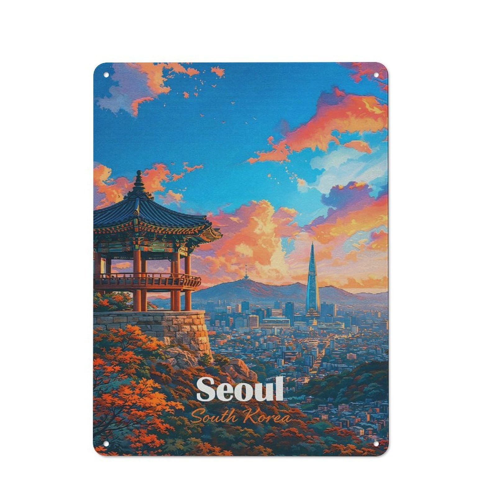Junmoney Style-1 Seoul Cityscape With Traditional Pavilion Vintage Metal Sign 40X30cm, Shop Front Style Cafe Wall Decor For Takeaway, Bar, Kitchen Or Counter Area