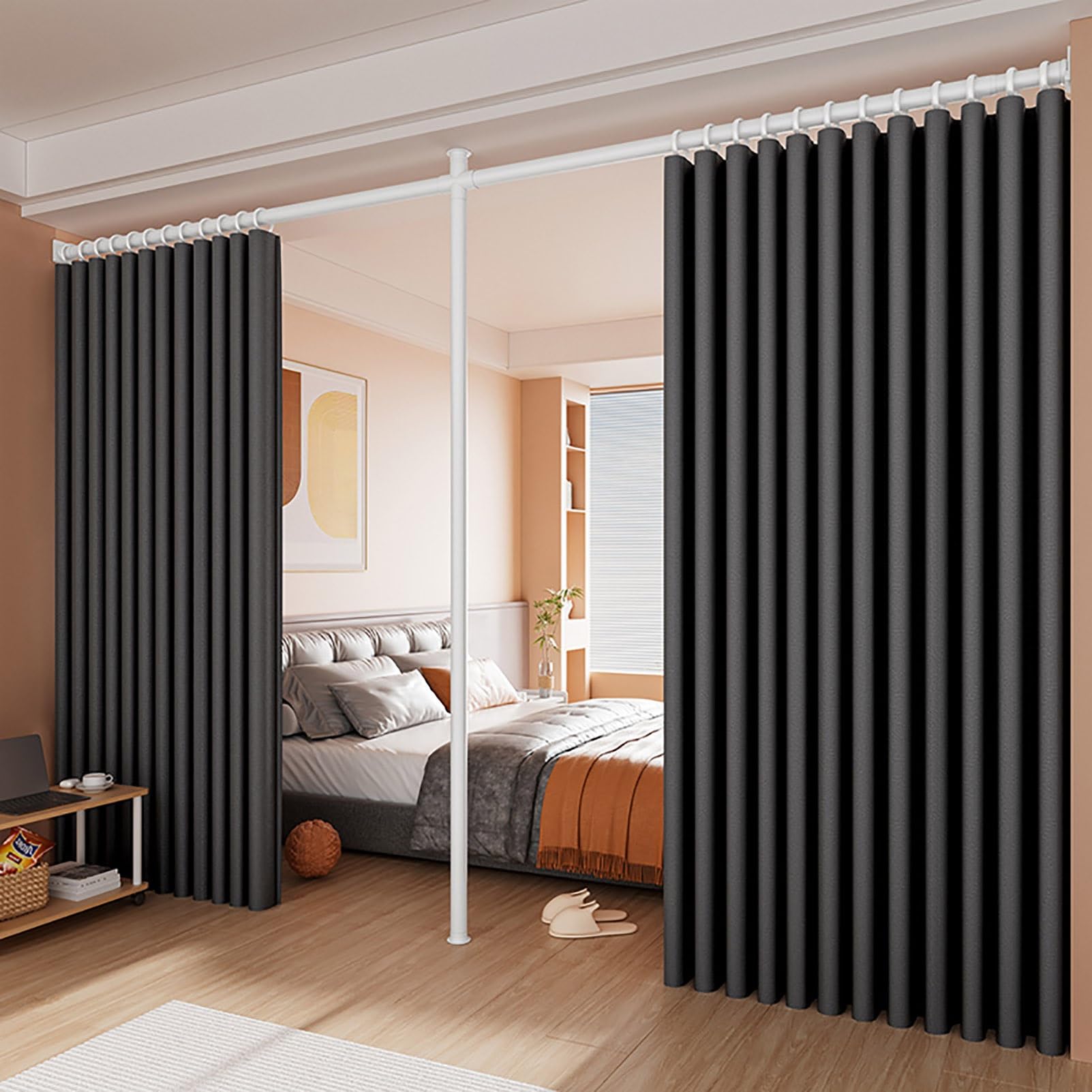 Traglo Dark Gray No Drilling Curtain Rods Room Divider Curtains Thermal Insulated Blackout Adjustable Floor To Ceiling Wall Dividers Partition Space Separator(,Width3.2m~4.2M)