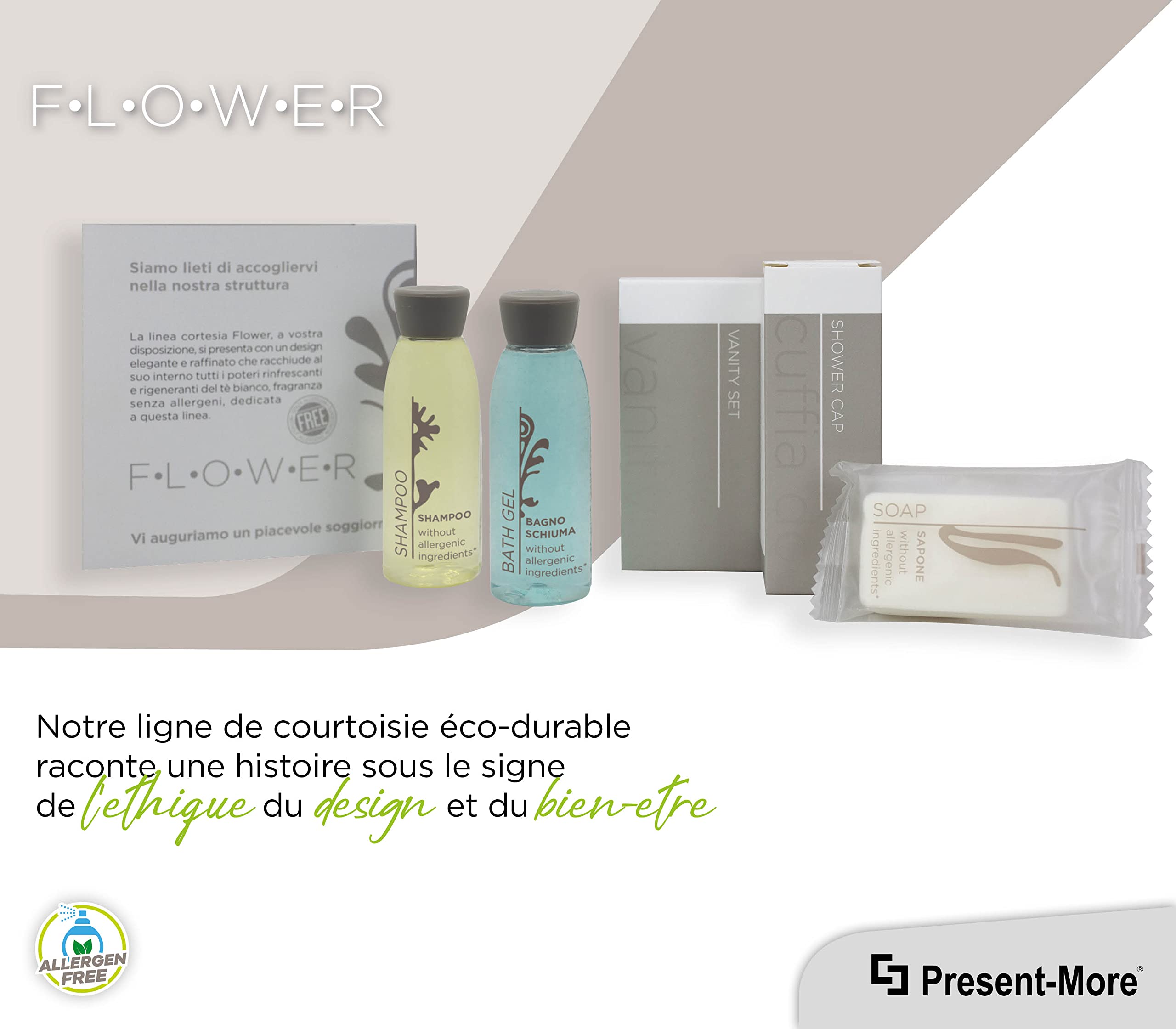 PRESENT-MORE - Kit Accueil 40 Invités Flower - Parfum Thé Vert - Contenu: Shampooing, Gel Douche, Savon, Bonnet de Douche et Vanity - Pour Hôtels et B&B