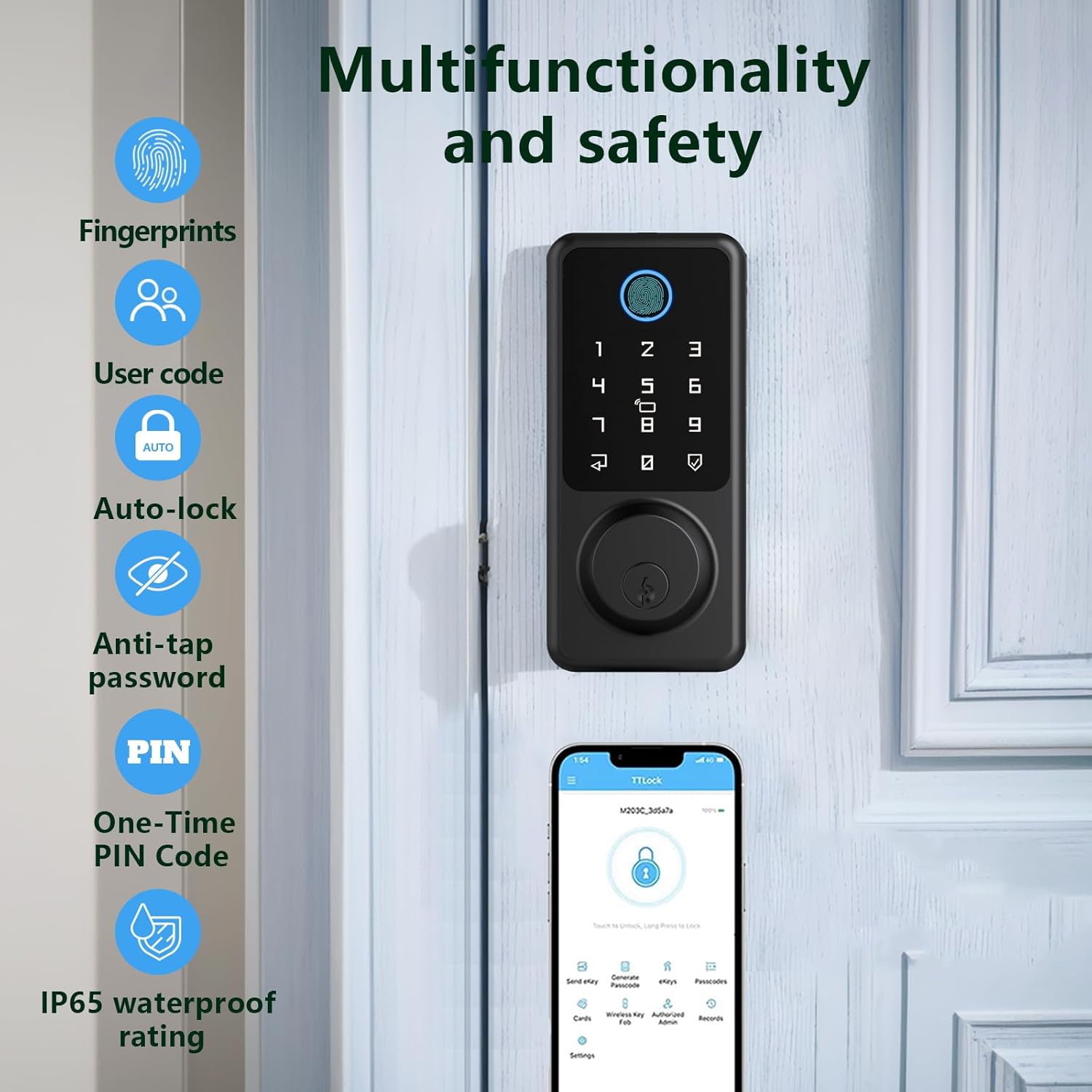 Black Electronic Smart Door Lock with Touchscreen Keypad