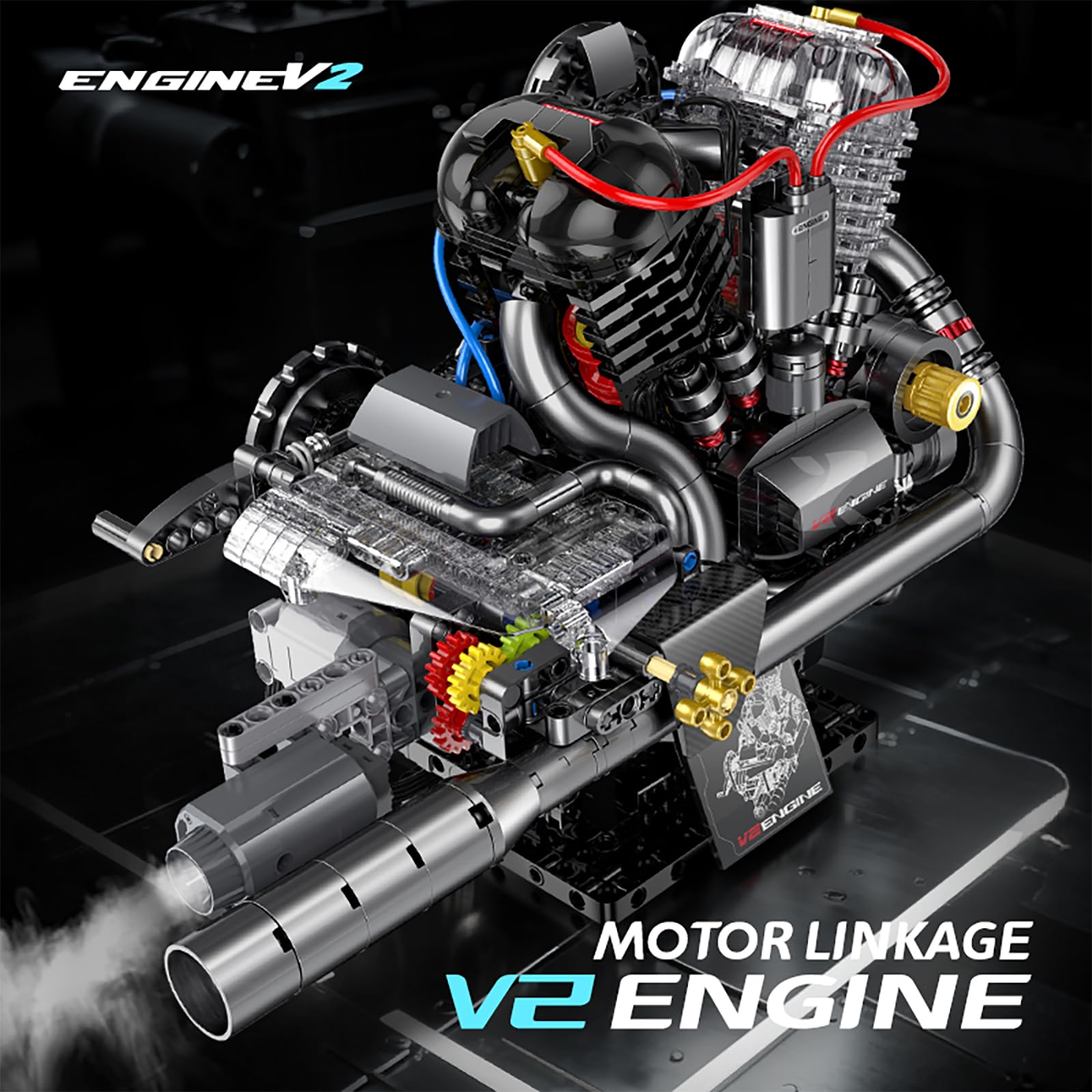 muuchuu Technik V2 Motor Bauset mit Licht Sound Sprühnebel Motor, Motorrad Motor Funktions-Bausteine-Set Erwachsene, DIY Hobby STEM Spielzeug Modell Geschenk für Kinder Jugendliche 14