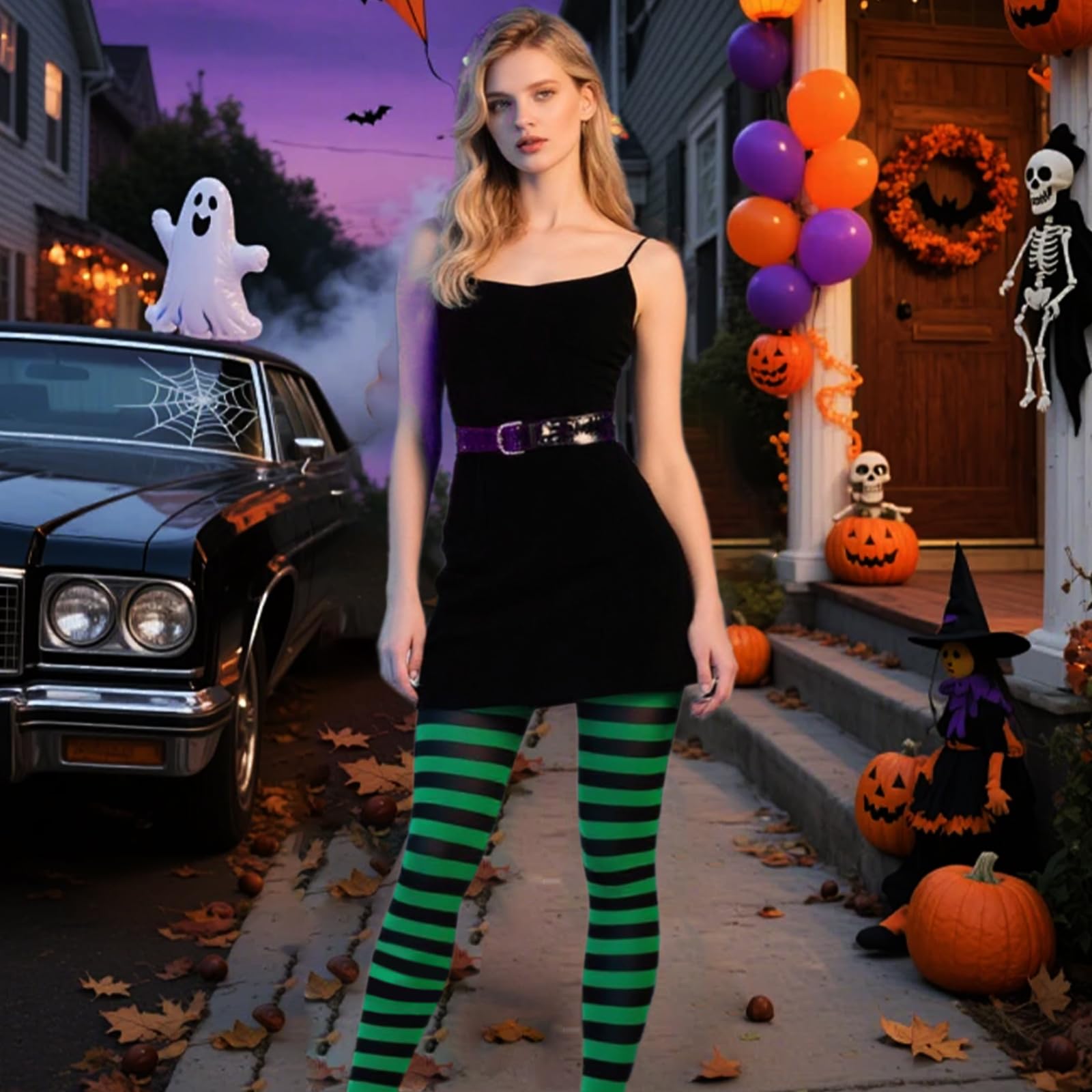 YAUOIPI 2 works Striped Opaque Tights, Black and Green and Red and Black Striped Tights - Image 4
