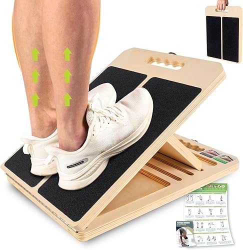 Slant Board for Calf Stretching, Adjustable Portable Wooden Incline Board for Calf Stretcher with Training Poster, 300 Lbs Weight Capacity Calf