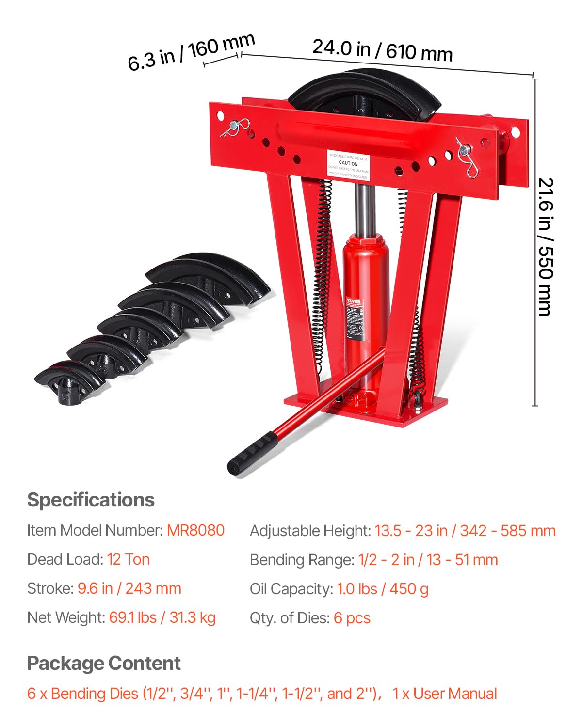 VEVOR Piegatubi Idraulico Piegatubi per Tubi Scarico in Rame 12 Tonnellate 6 Matrici (1/2'', 3/4'', 1'', 1-1/4'', 1-1/2'', 2''), Rulli Regolabili da 90° a 180° per Tubi in Metallo, Piegatubi Manuale