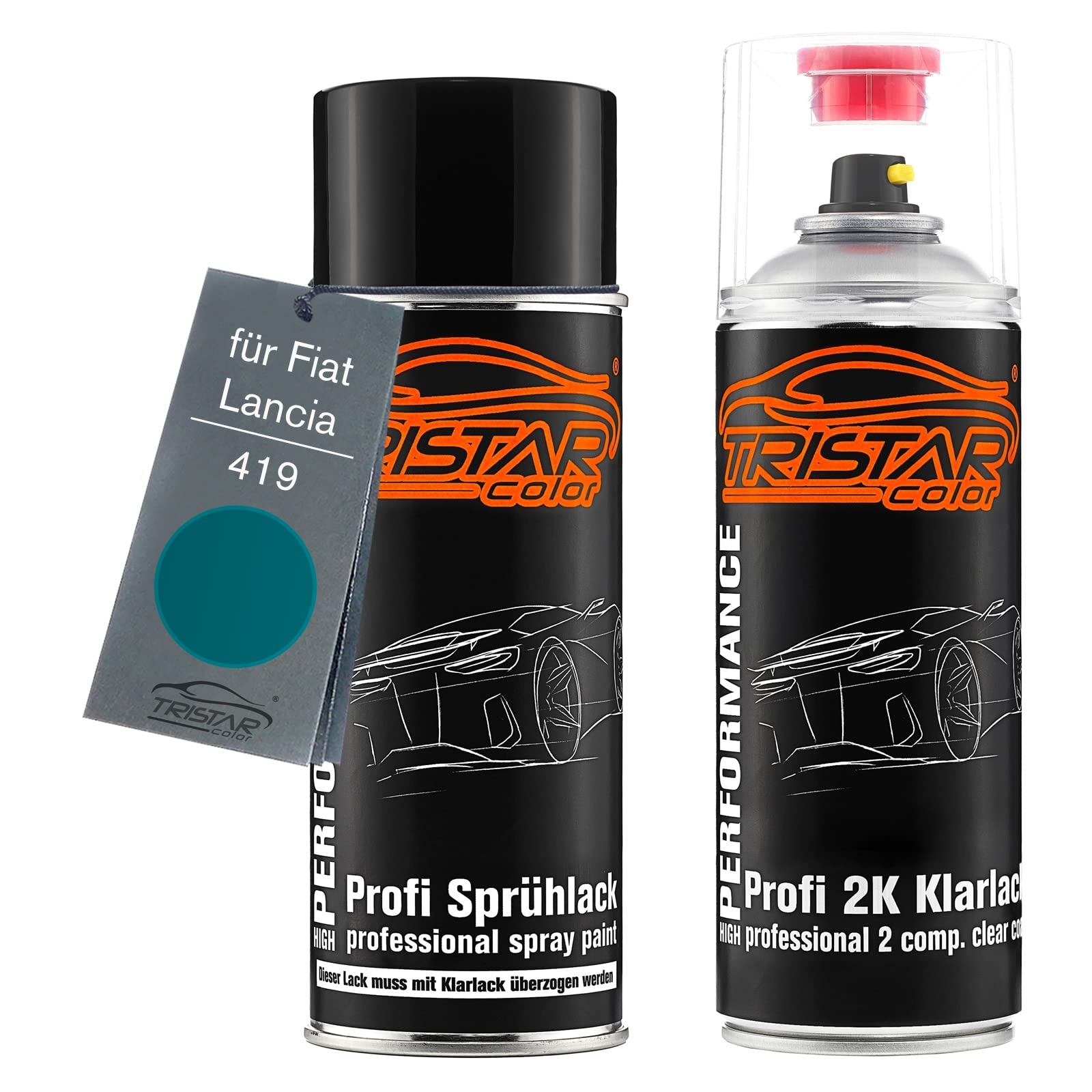 TRISTARcolor Vernice per auto Kit bombolette spray 2K per Fiat/Lancia 419 Blu Turchese Bomboletta a spruzzo vernice di base 2 componenti vernice trasparente