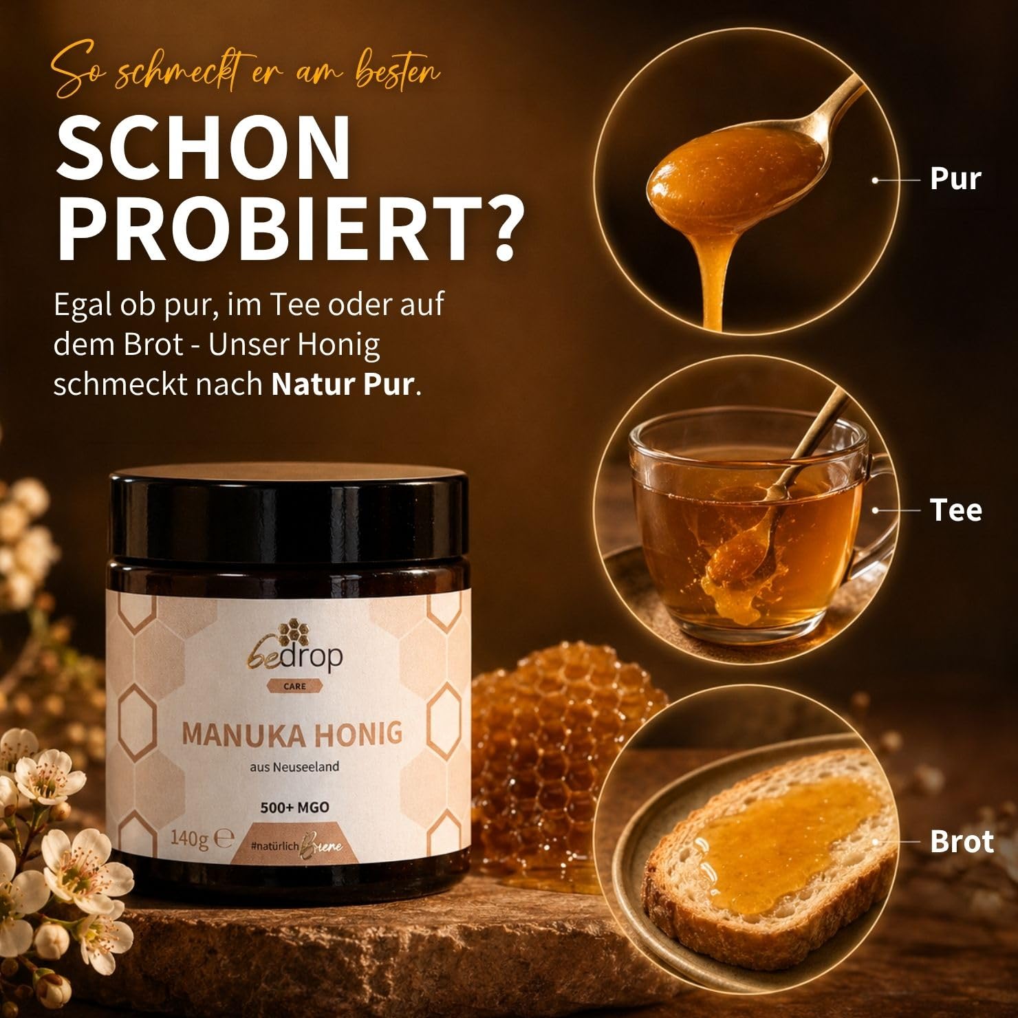 bedrop Manuka Honig mit MGO 500+ XXL Glas - 100% echter Premium Manukahonig aus Neuseeland mit zertifiziertem Methylglyoxal Gehalt (Analyse-Zertifikat) - 140g