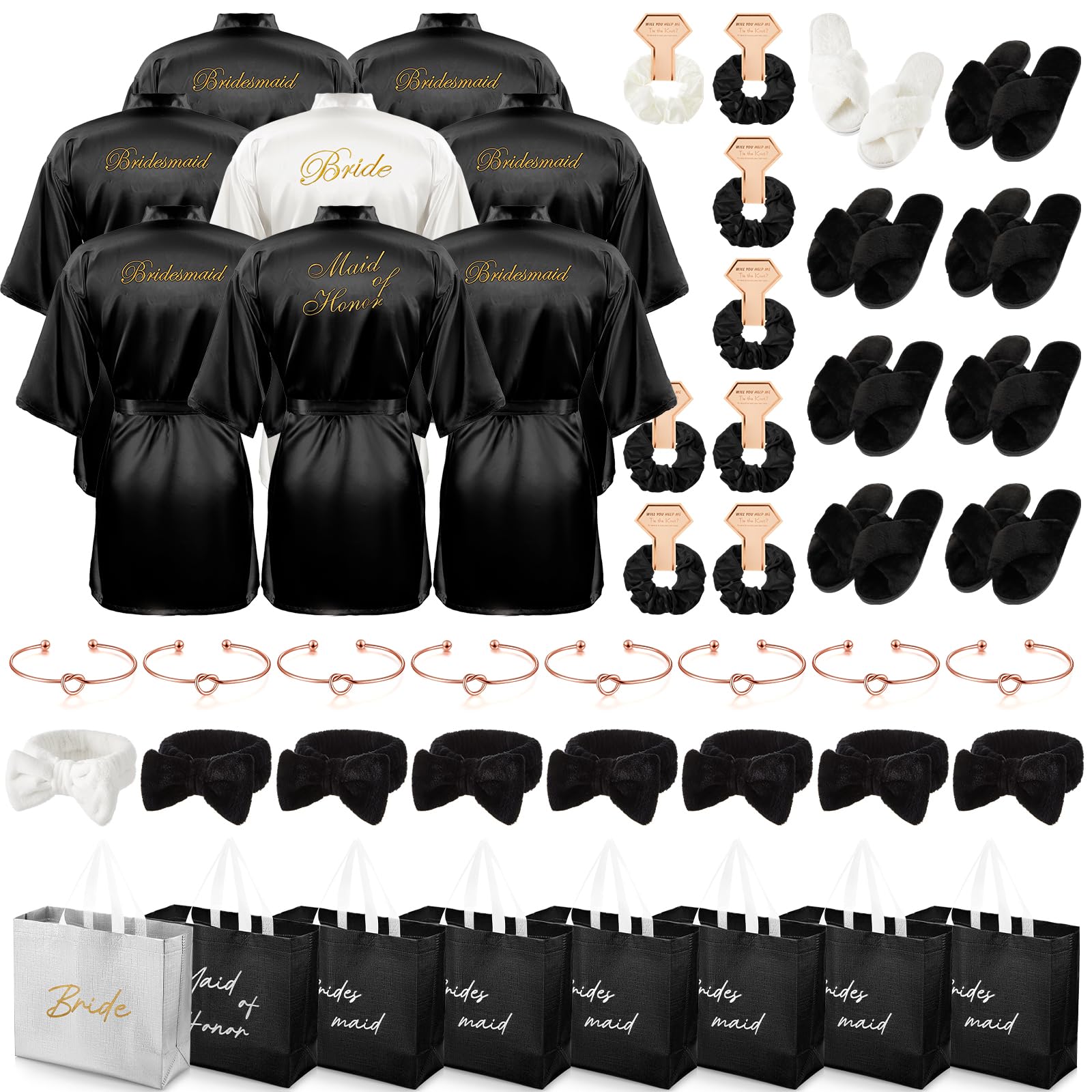 Shyyween 48 Pcs Bridesmaid Bride Robes Set of 8 Bridal Party Silk Satin Robes for Wedding Bachelorette Party Gifts (White,Black)