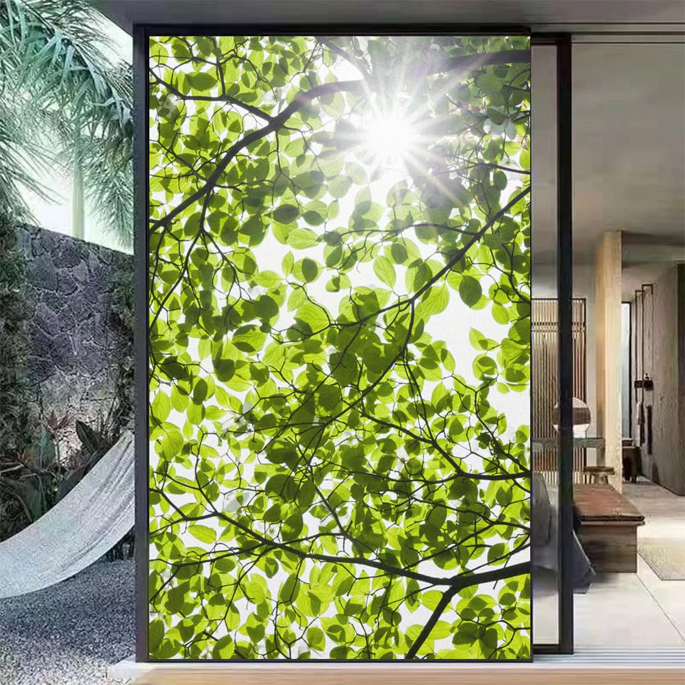 Window Film Privacy Frosted Not Transparent Static Cling Heat Control UV Blocking Green Scenery Glass Sticker(70x160cm) — image 1