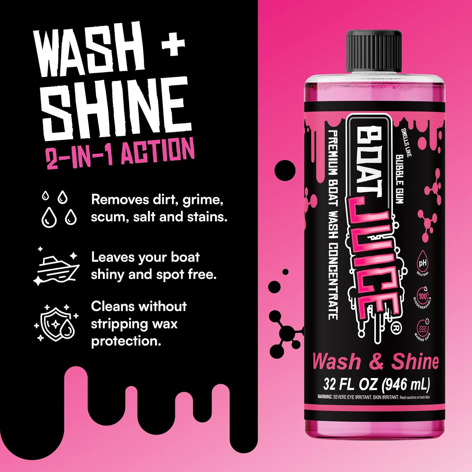 Boat Juice Boat Wash & Shine | pH Neutral Soap for Fiberglass, Hull, Deck, and Vinyl | Boat Wash Kit with HydroSuds Sprayer, 2in1 Wash Mitt, XL Microfiber Towel | Bubble Gum Scent | Made in USA
