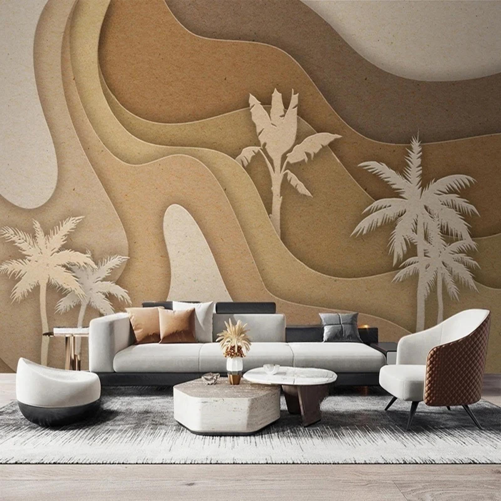 Tapeta 3D abstrakcyjna geometryczna fala palm kokosowych i plażowych, odpowiednia do sypialni, salonu, restauracji, pokoju dziecięcego, łazienki, jako dekoracja ścienna w tle.
