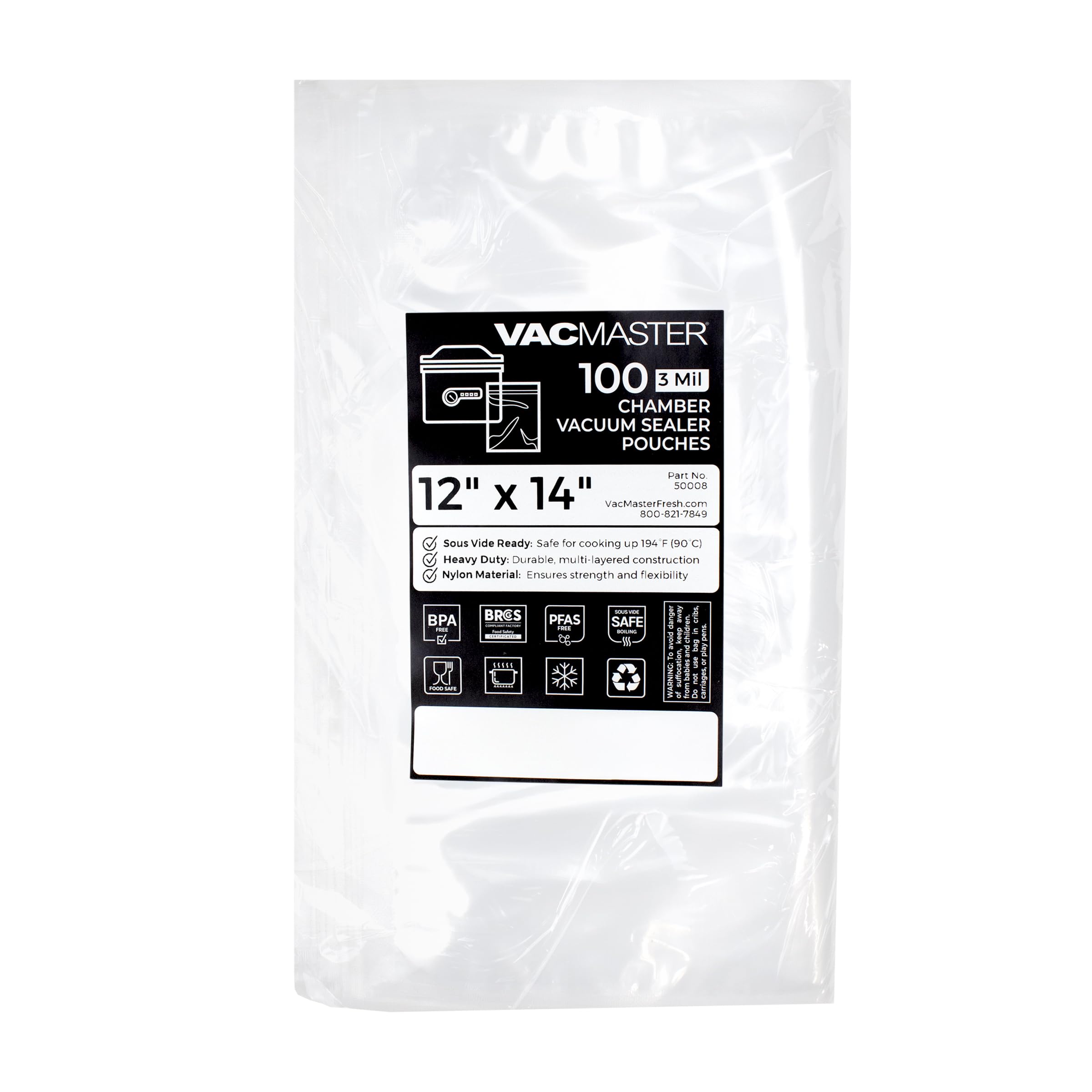 VacMaster 12 inch by 14 inch Heavy Duty 4 Mil Chamber Vacuum Sealer Bags - 1,000 Pre-Cut Clear Chamber Machine Pouches Per Case, BPA Free, 30624