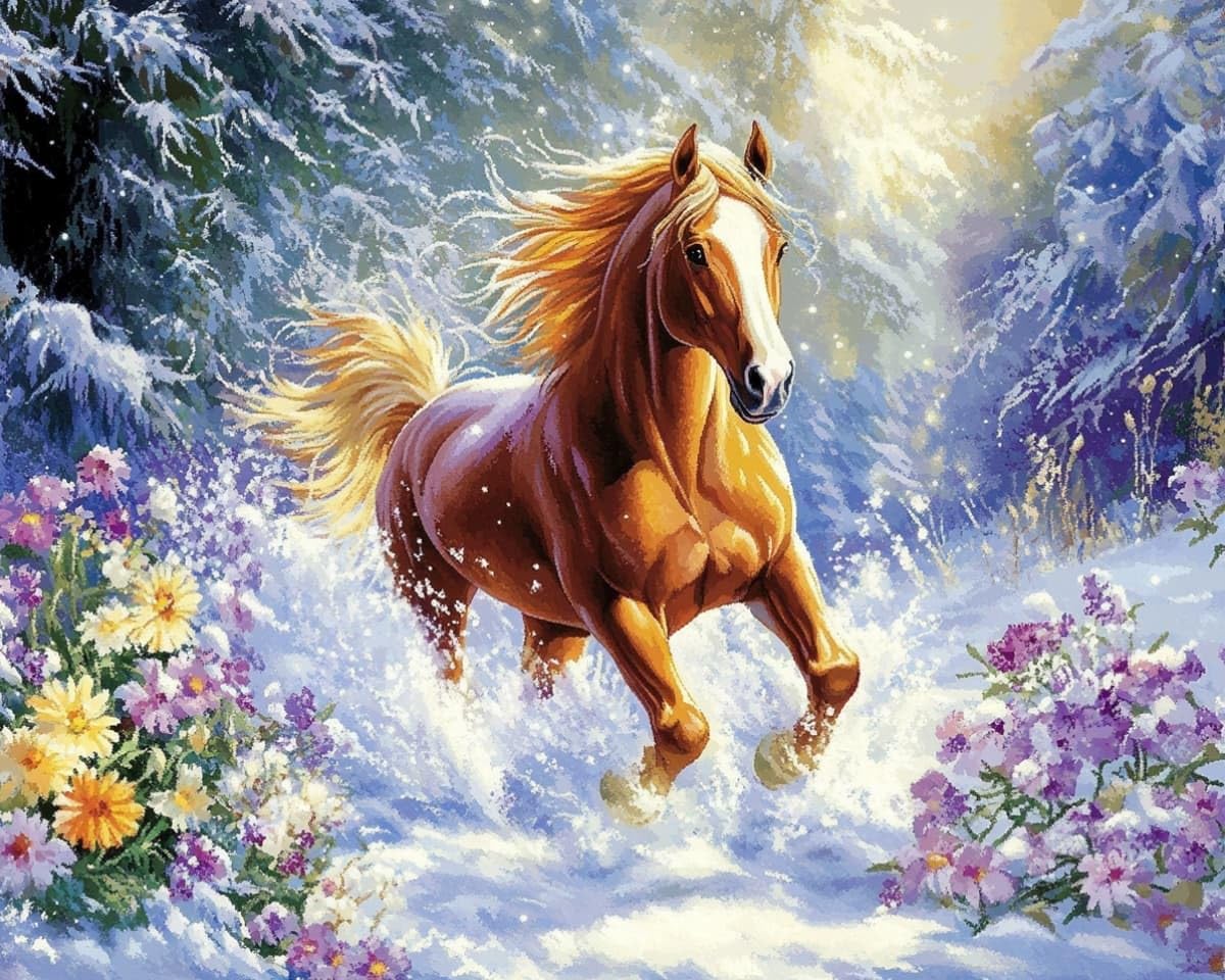 AxiangziK Cross Stitch Kit 16x20 inch,Horses in the Snow Stamped Cross Stitch Kit for Adult Beginners,Full Line DIY Embroidery for Home Decor Gift 40x50cm