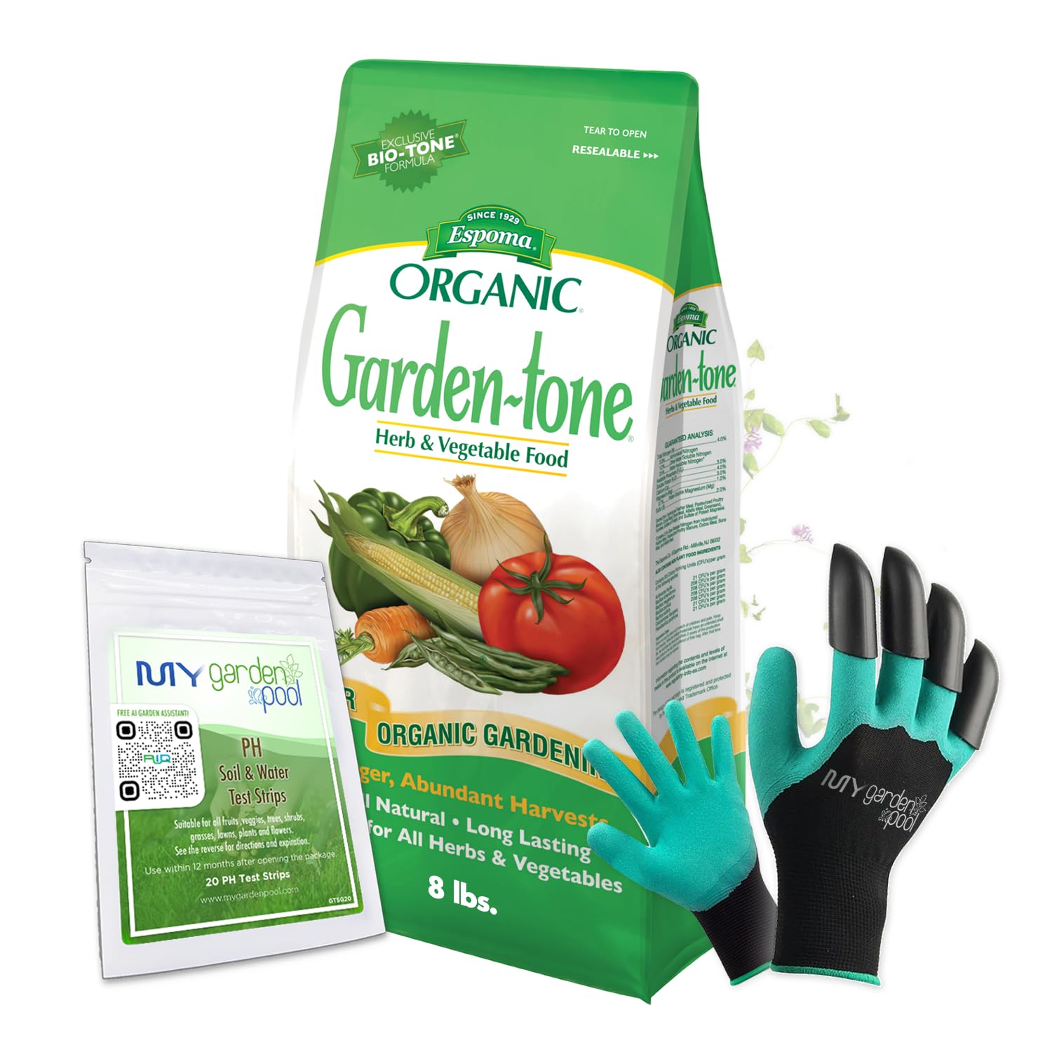 Espoma GT8 Organic Garden-Tone Fertilizer with PH Soil Test Strips 20 ct, and Gardening Claw Gloves and Garden-IQ, Smart Gardening AI Assistant!