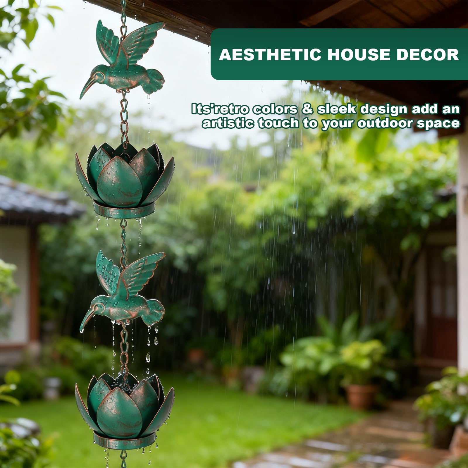 BigKing Chaîne pour eau de pluie Colibri Lotus pour gouttières, 2,4 m Chaîne de pluie suspendue avec crochet, chaîne de pluie pour gouttières extérieures, Eaves Drainage (vert émeraude)