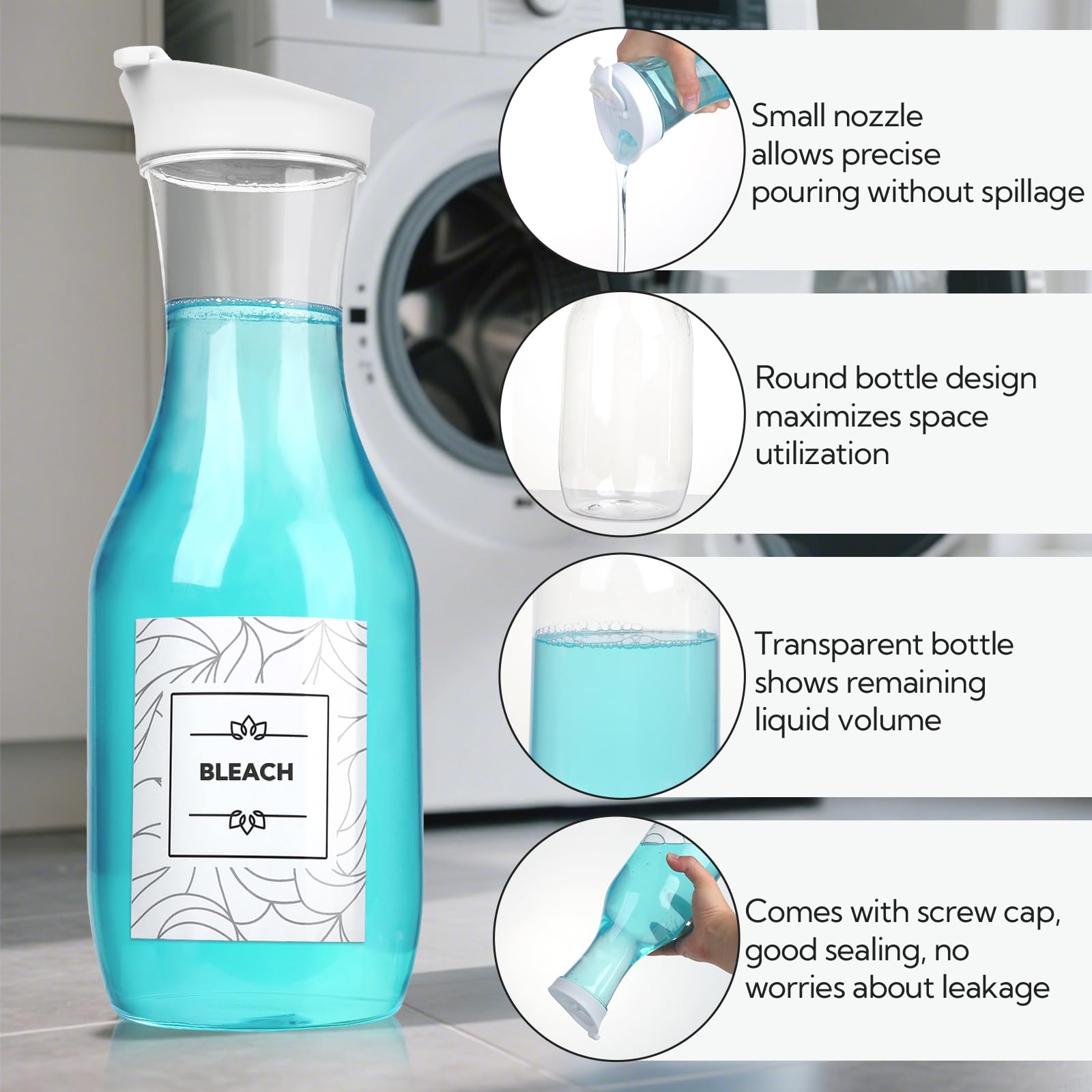 Confezione da 4 dispenser per detersivo per bucato, in plastica, da 1502,5 g, con 20 etichette per organizzare la lavanderia, per polvere liquida, candeggina, profumo, perline, sapone e ammorbidente
