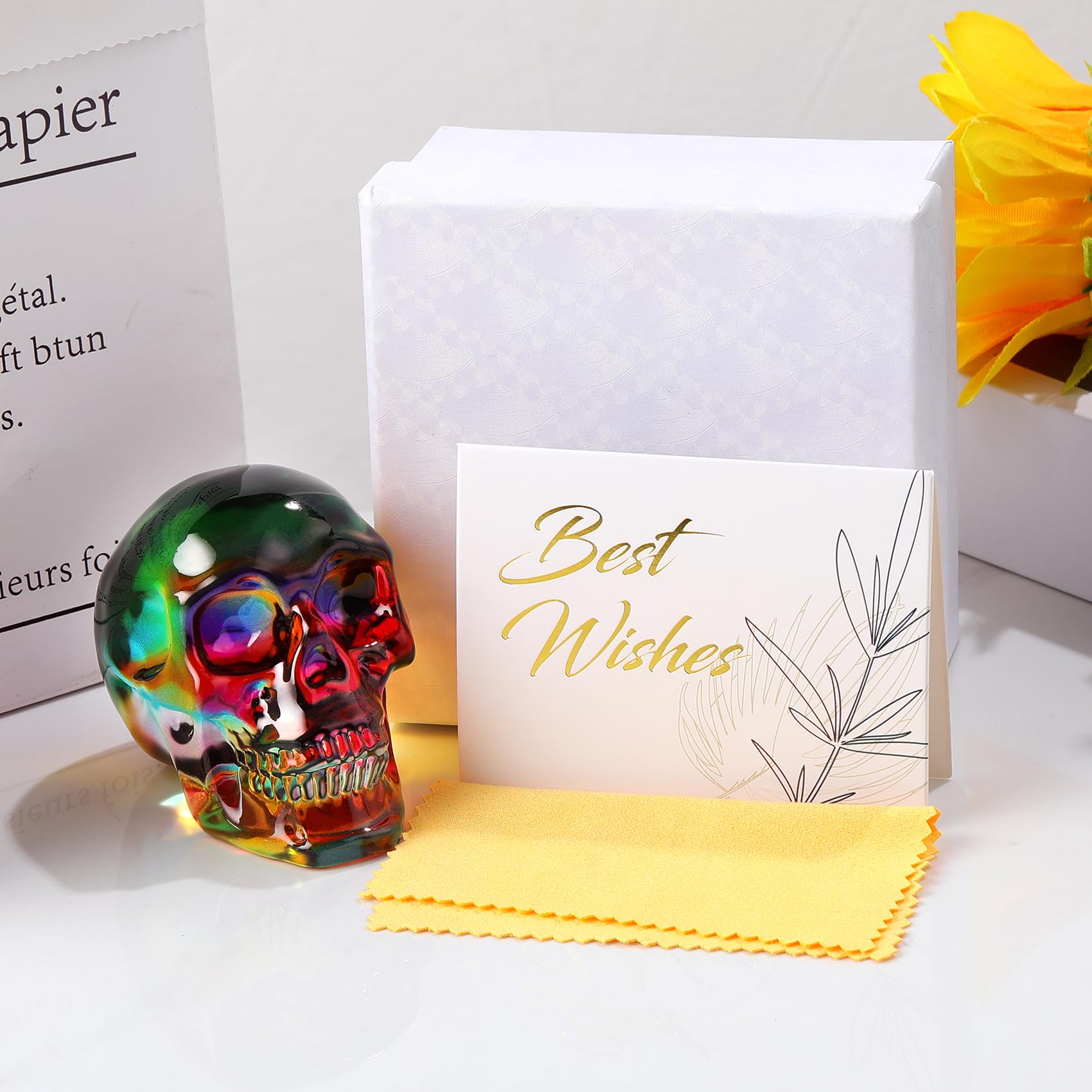 Ornalrist K9 Crystal Plating Multicolor Skull Head Figurines Day of The Dead Decor Gifts for Women, Glass Skull Head Art Halloween Witch Statue with Gifts Box 2.8''