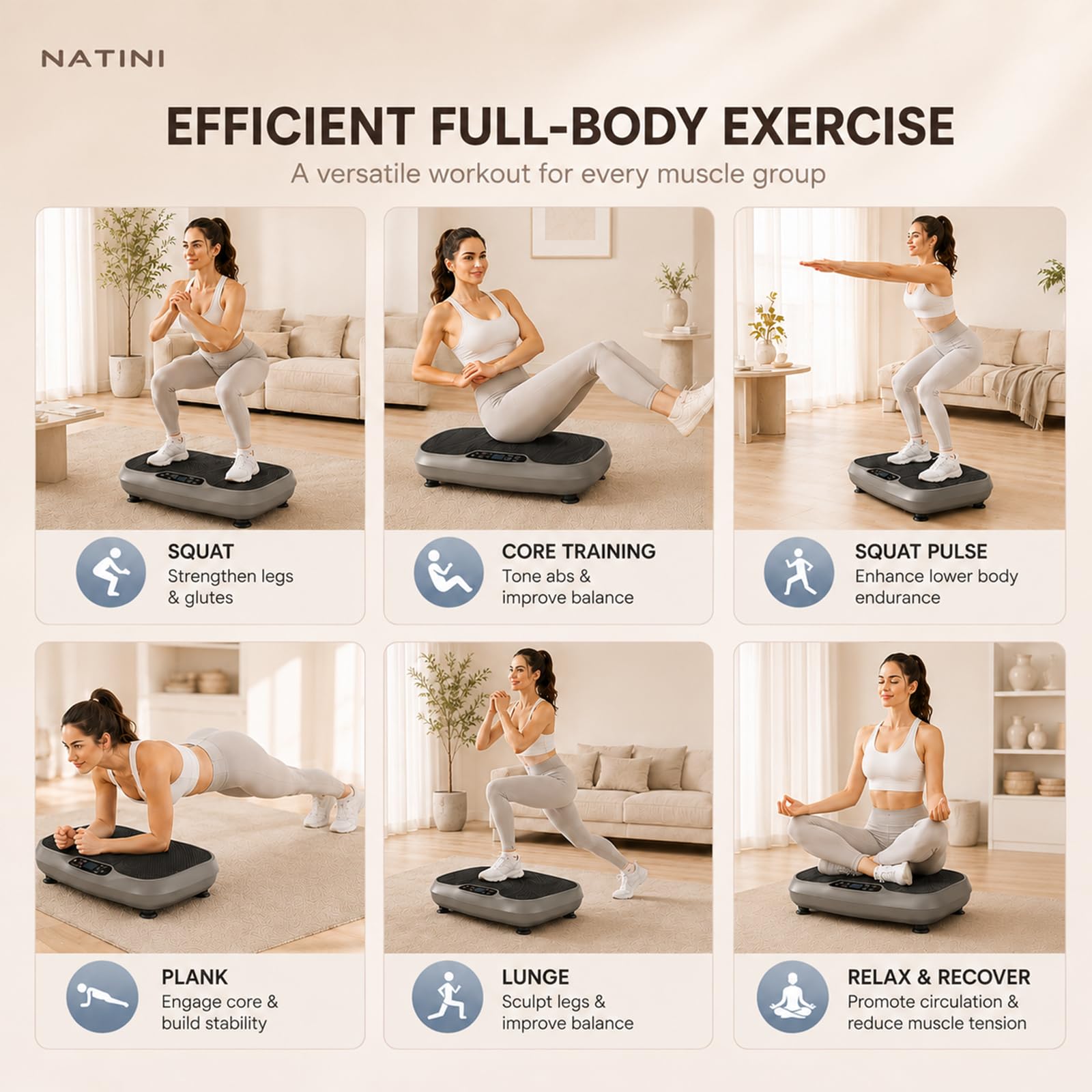 Natini - Placa de vibración, máquina de ejercicio con plataforma de vibración para todo el cuerpo con altavoz Bluetooth, equipo de fitness en casa para bajar de peso y tonificación (tamaño grande)