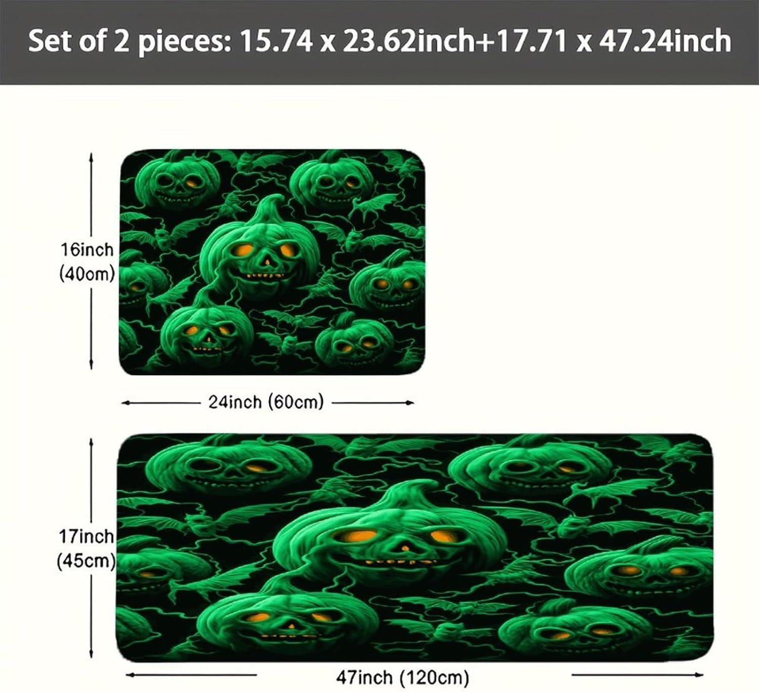 Green Ghost Horror Halloween Pumpkin Kitchen Mats with 2PCS Non-Slip Washable,Kitchen Rug Heavy Duty Durable, Floor Mats for Kitchen,Office,Sink,Laundry