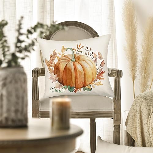 Miniatura 2 de Smilyard Juego de 4 fundas de almohada de Hello Fall Hello Pumpkin de 22 x 22 pulgadas, diseño de búfalo naranja, decoración de otoño, hojas de