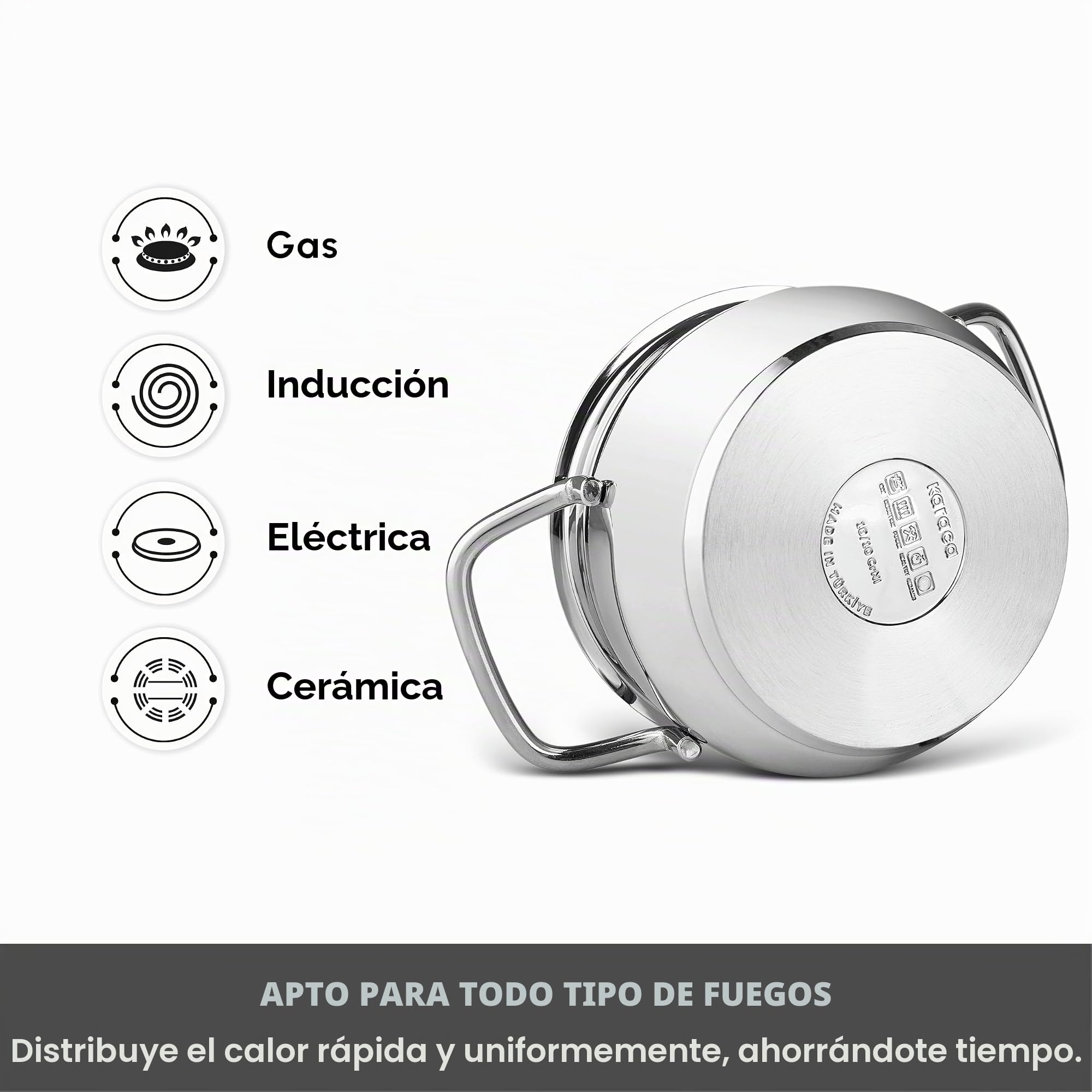 Karaca Emirgan - Batería de cocina de 8 piezas de acero inoxidable apta para inducción, con tapa de cristal y ollas de acero inoxidable