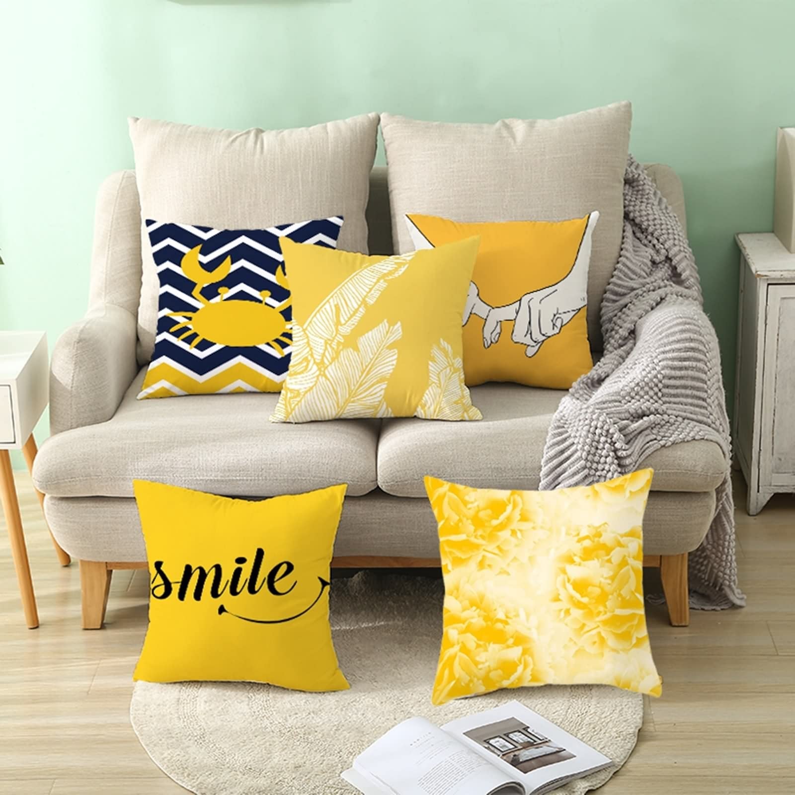 6 fundas de cojín para exteriores de 50 x 50 cm, funda de almohada amarilla geométrica y patrón de rayas de poliéster para sala de estar, sofá dormitorio