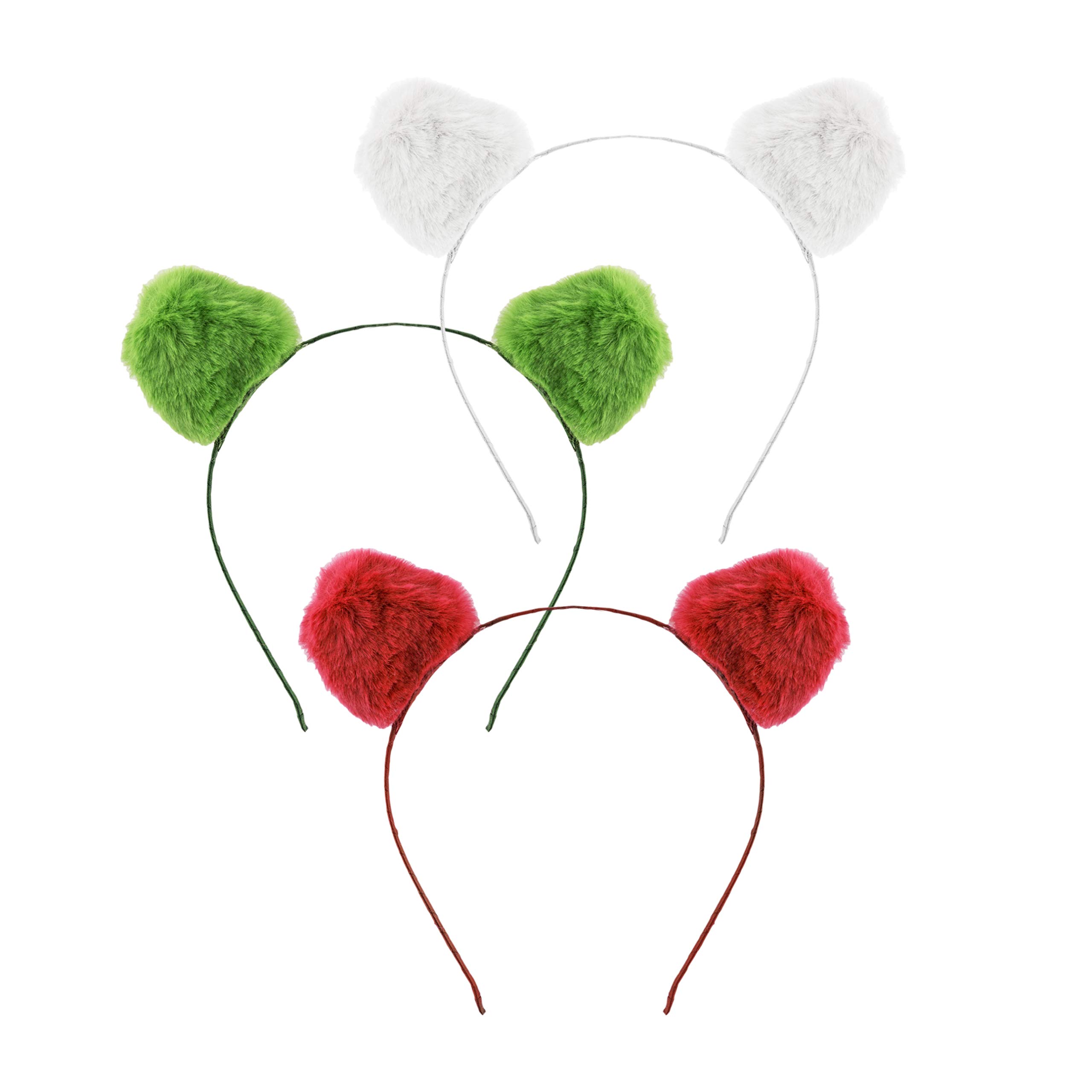 LUX ACCESSORIES Light Green Red White Furry Fluff Cat Ears Set (3pc) Christmas Fashion Headbands