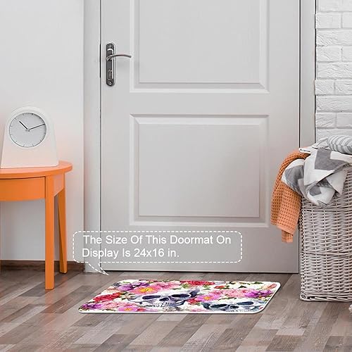 Miniatura 6 de Alfombra de baño con patrón de flores coloridas y calavera con parte trasera antideslizante hojas absorbentes de agua alfombra de baño pequeña de