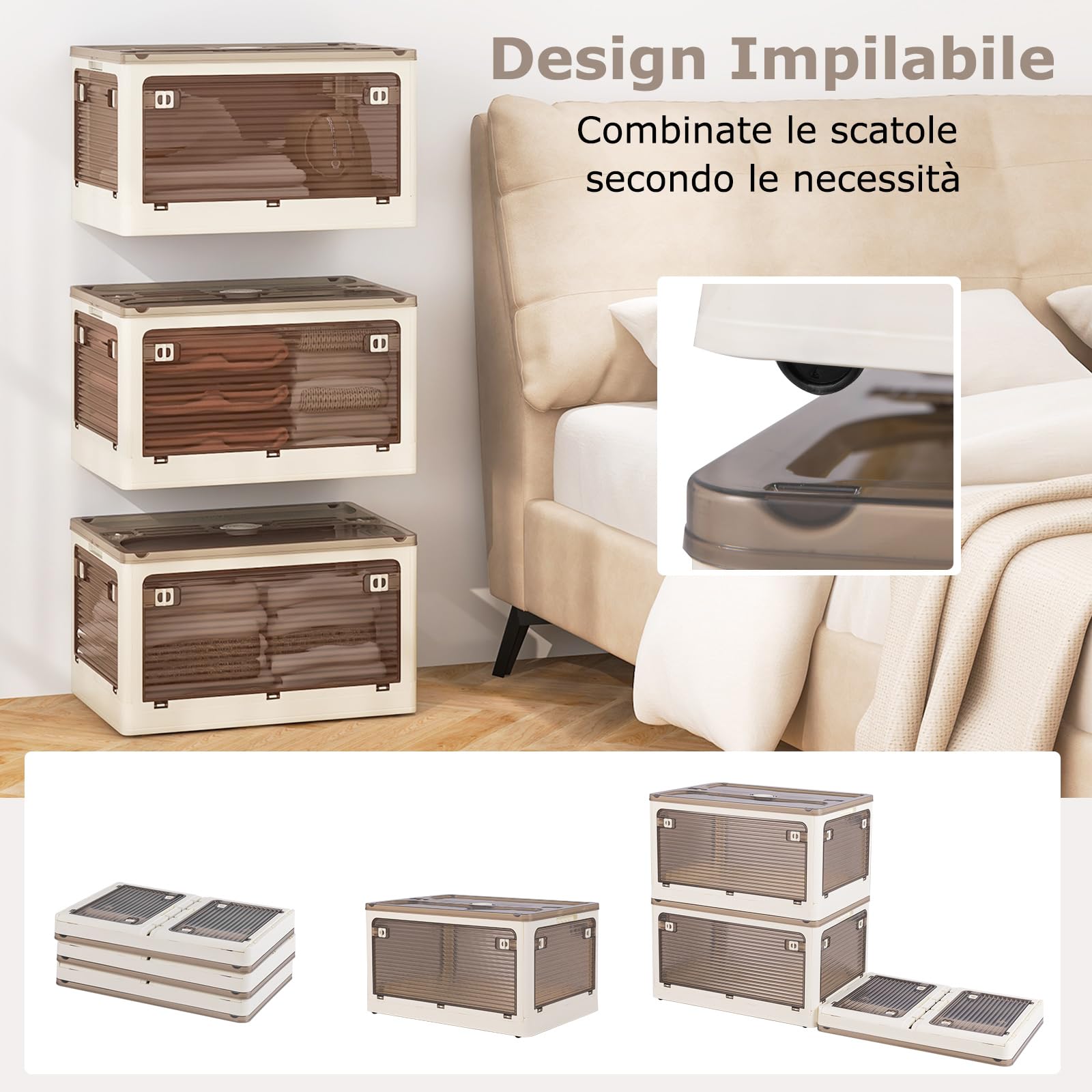 COSTWAY Set di 3 Contenitori Impilabili con Coperchi, Contenitori Pieghevoli in Plastica 132/90 L, Organizzatore con Ruote per Camera da Letto Soggiorno e Cucina (51,5x36,5x88cm)