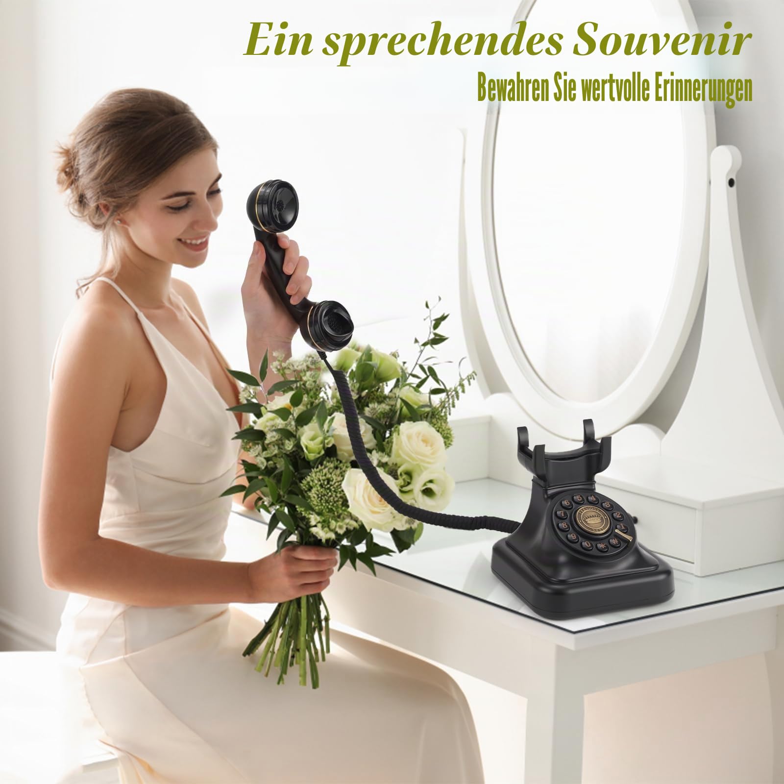 Audio-Gästebuch Hochzeitstelefon kann individuelle Audio-Gästebücher für Hochzeiten, Bankette und Partys aufnehmen und unterstützt das Abspielen von Sprachnachrichten der Gäste auf dem Gerät selbst