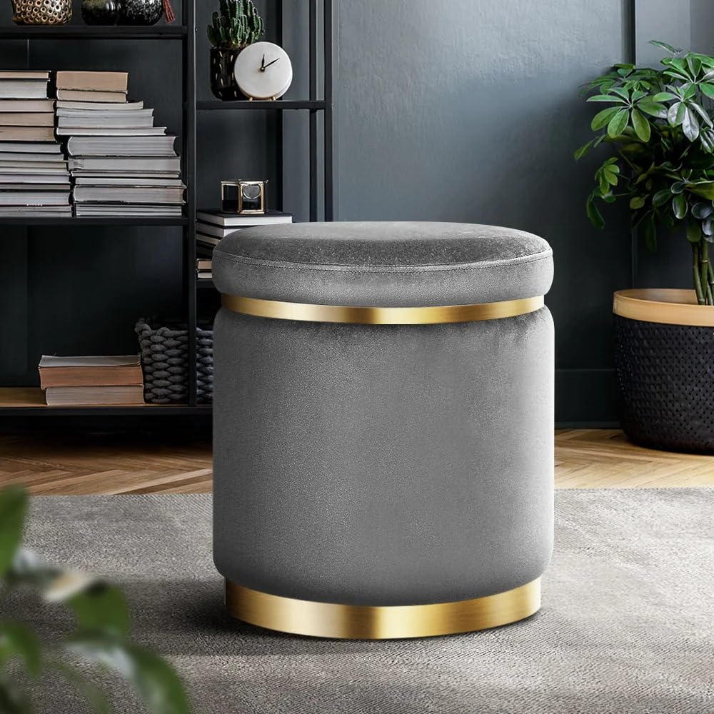 Velvet Luxurious Sitting Stool with Footrest for Living Room and Bedroom, Sofa Side Stool, Wooden Small Ottoman Footrest Stool-Grey-image-43