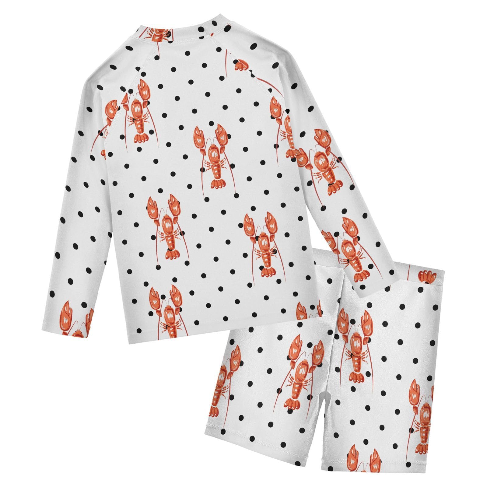 Aflyko Kids' Bathing Suit Set Lobster Polka Dot Long Sleeve Swim Tops with Shorts Summer Vacation Pool Party Rashguard Fun Cute Toddler Infant Beachwear, 4T