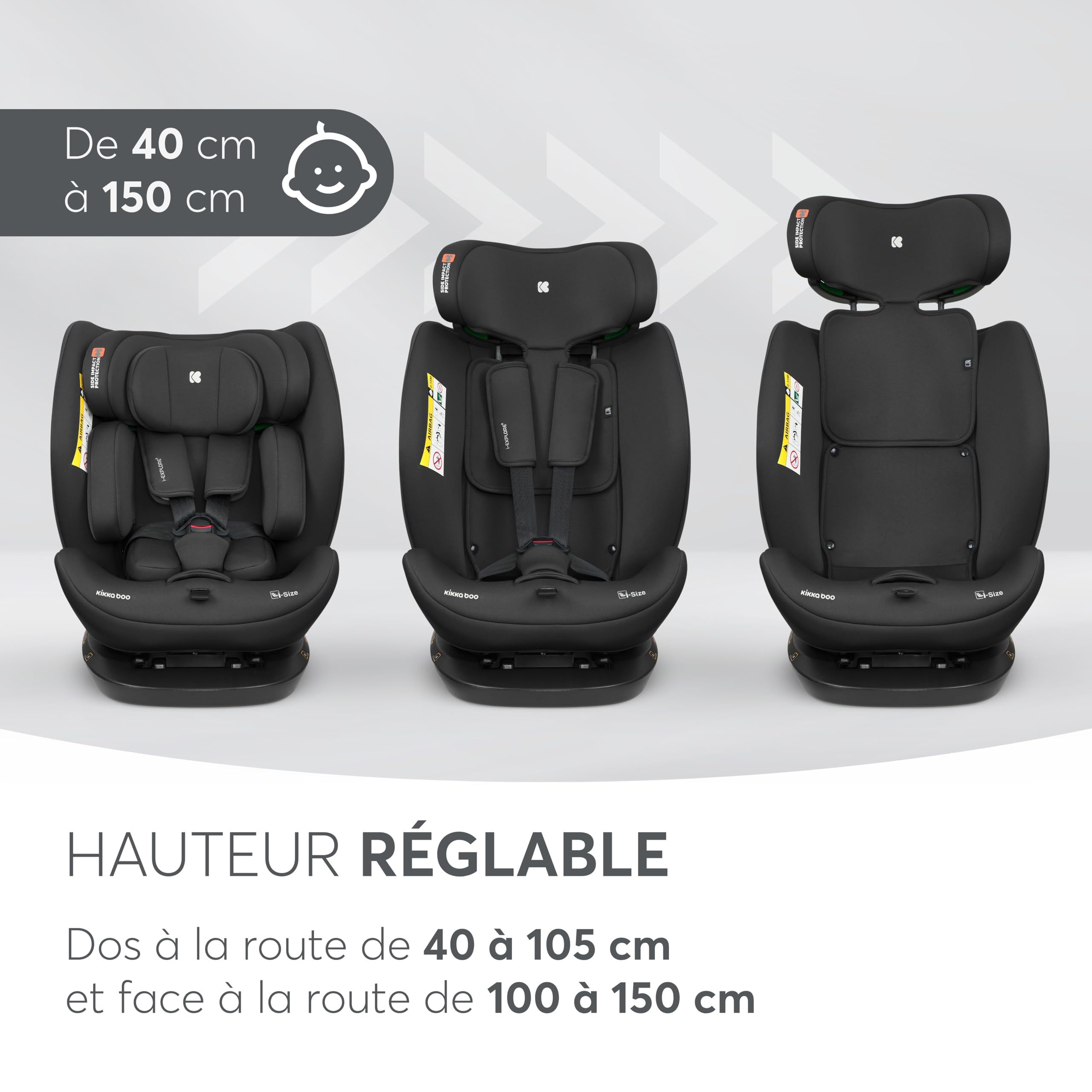 KikkaBoo Siege Auto Bebe 0 À 36kg i-EXPLORE 2, i-Size, 40-150 Cm, Groupe 0/1/2/3, Dos Et Face À La Route, Inclinable, Appui-Tête 14 Positions, Harnais 5 Points, Noir