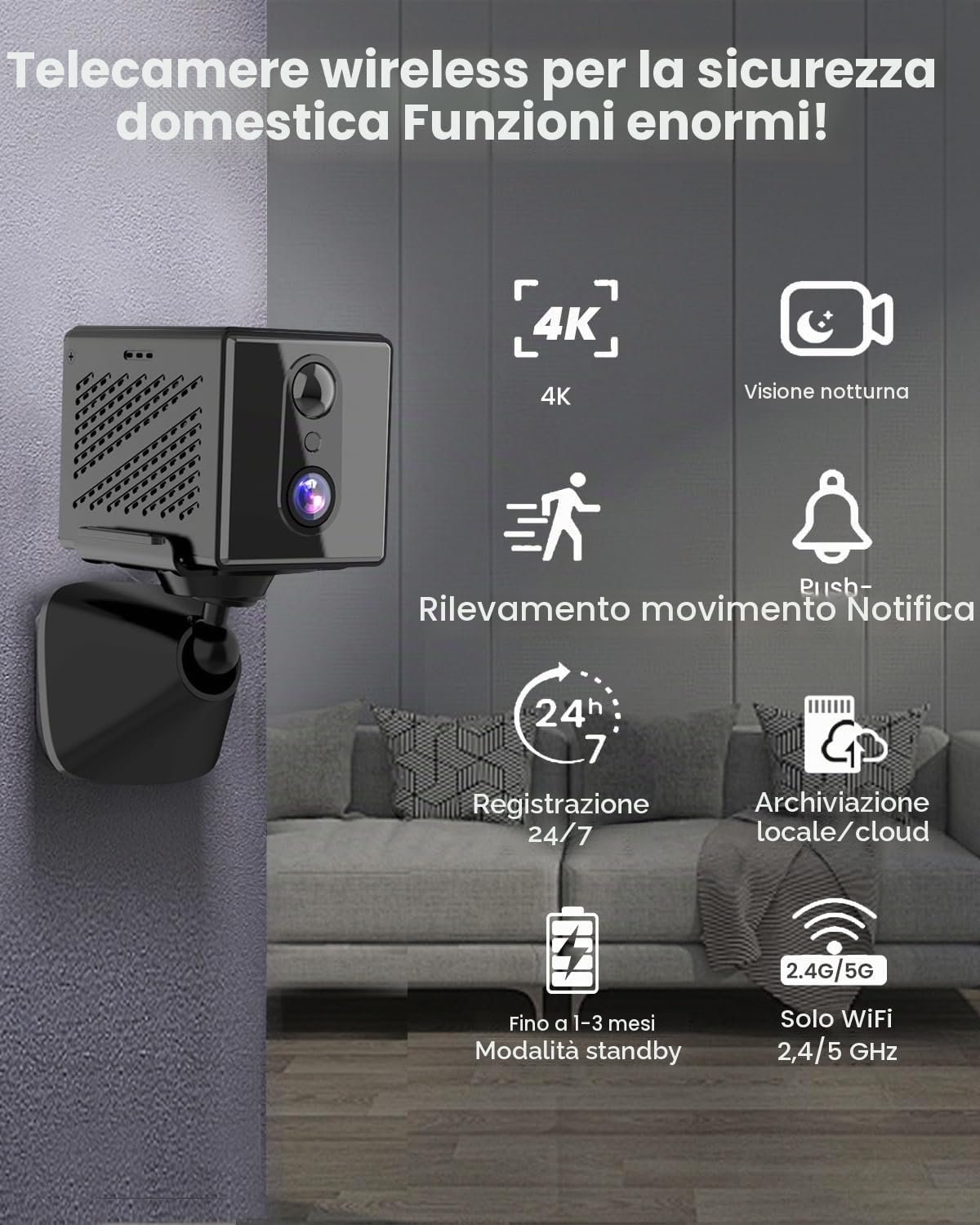 aidowocam Mini telecamera, 5G WiFi telecamera di sorveglianza interna, telecamera di sorveglianza interna, archiviazione cloud gratuita, batteria a lunga durata in standby, rilevatore di movimento