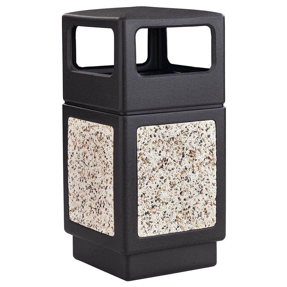 Safco Canmeleon 38 Gallon Aggregate Stone Outdoor Trash Can, Black