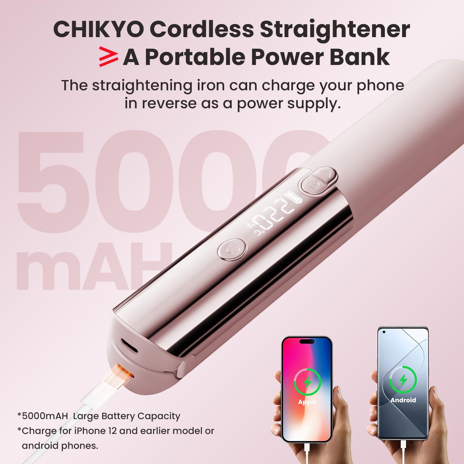 CHIKYO Cordless 2 in 1 Hair Straightener Portable On-The-Go Curling Iron, Portable Power Bank, 7 Temps, LED Display, Rechargeable Mini Flat Iron for Travel, 5000mAh Battery, Pink